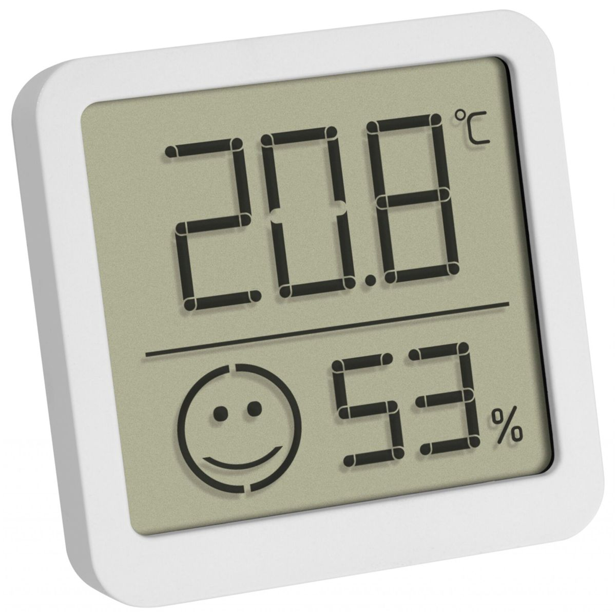 Digitales Thermometer mit Temperatur- und Feuchtigkeitsmesswerten auf weißem Hintergrund.