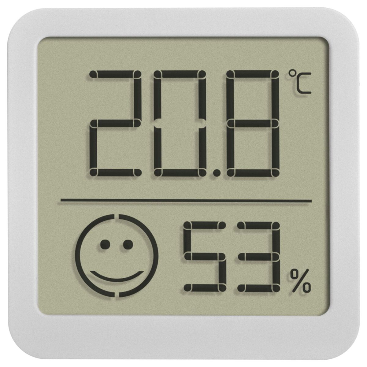 Digitales Thermometer zeigt 20,8 Grad Celsius und 53% Luftfeuchtigkeit an. Weißer Rahmen.