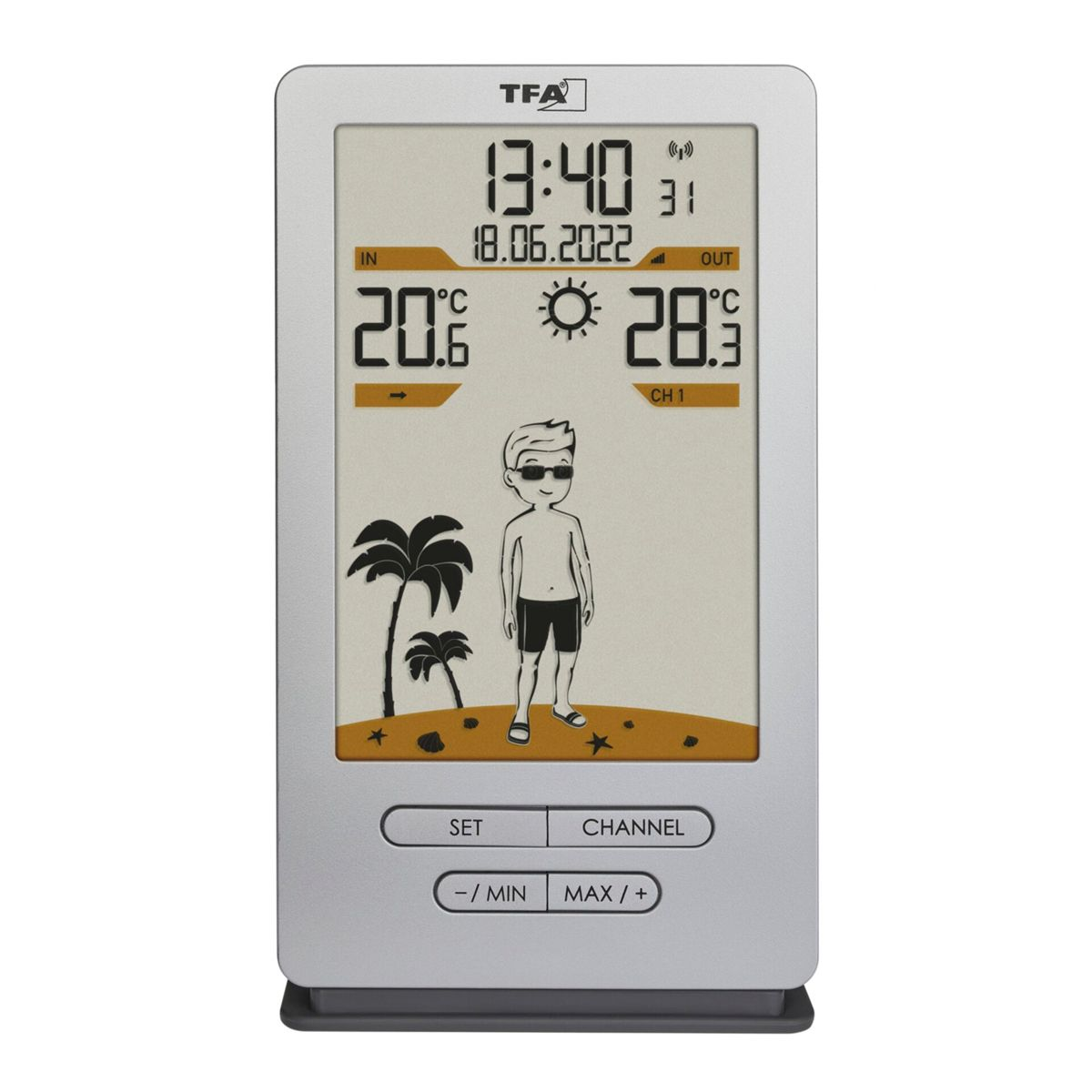 Digitale Wetterstation mit Zeit, Datum und Temperaturanzeige.