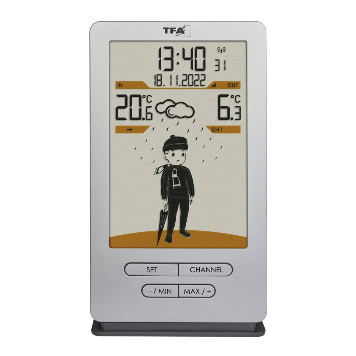 Eine silberne Wetterstation, die Zeit, Datum und Wetterbedingungen mit einer Cartoonfigur anzeigt.