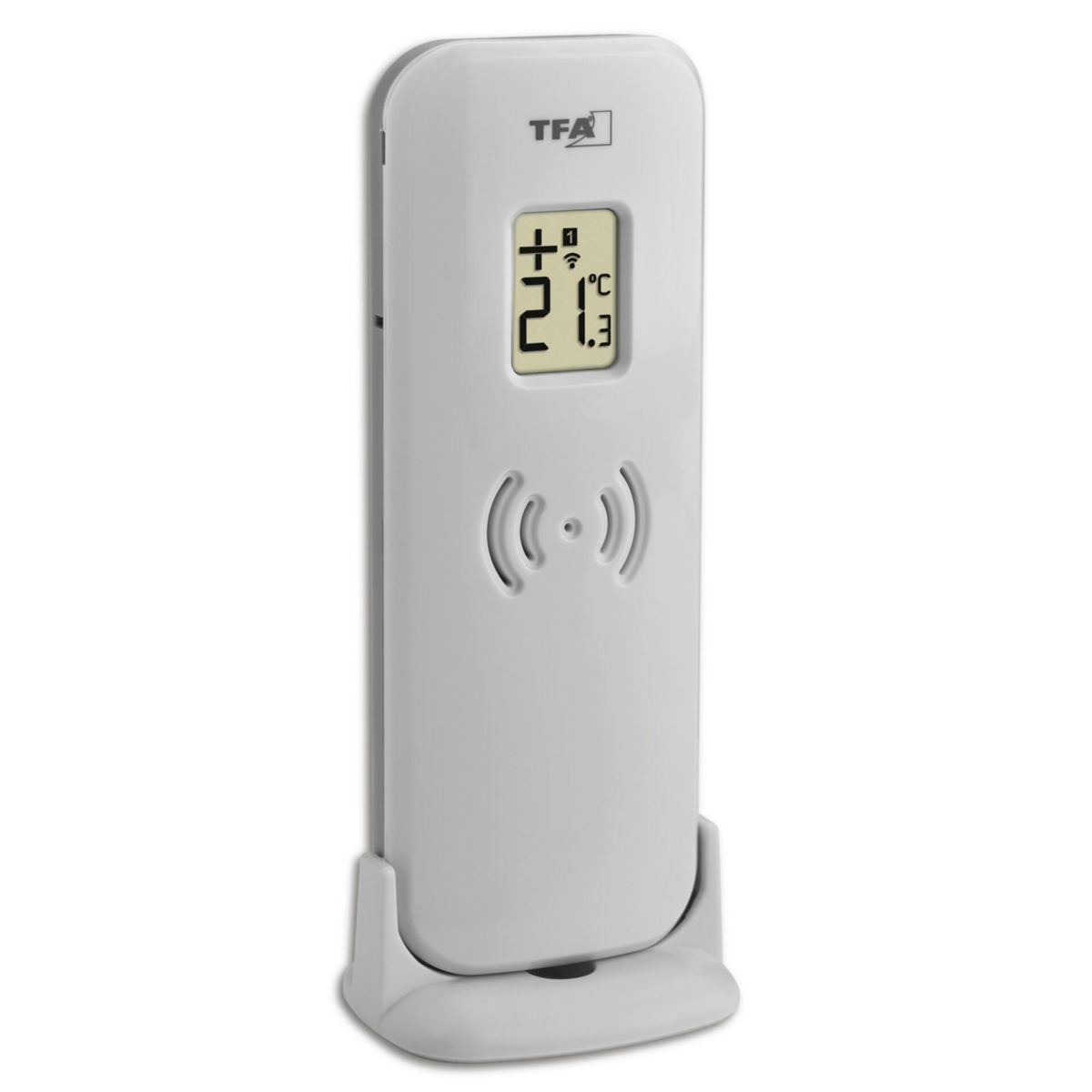 Weißes digitales Thermometer mit Temperaturanzeige und Antennensymbol.