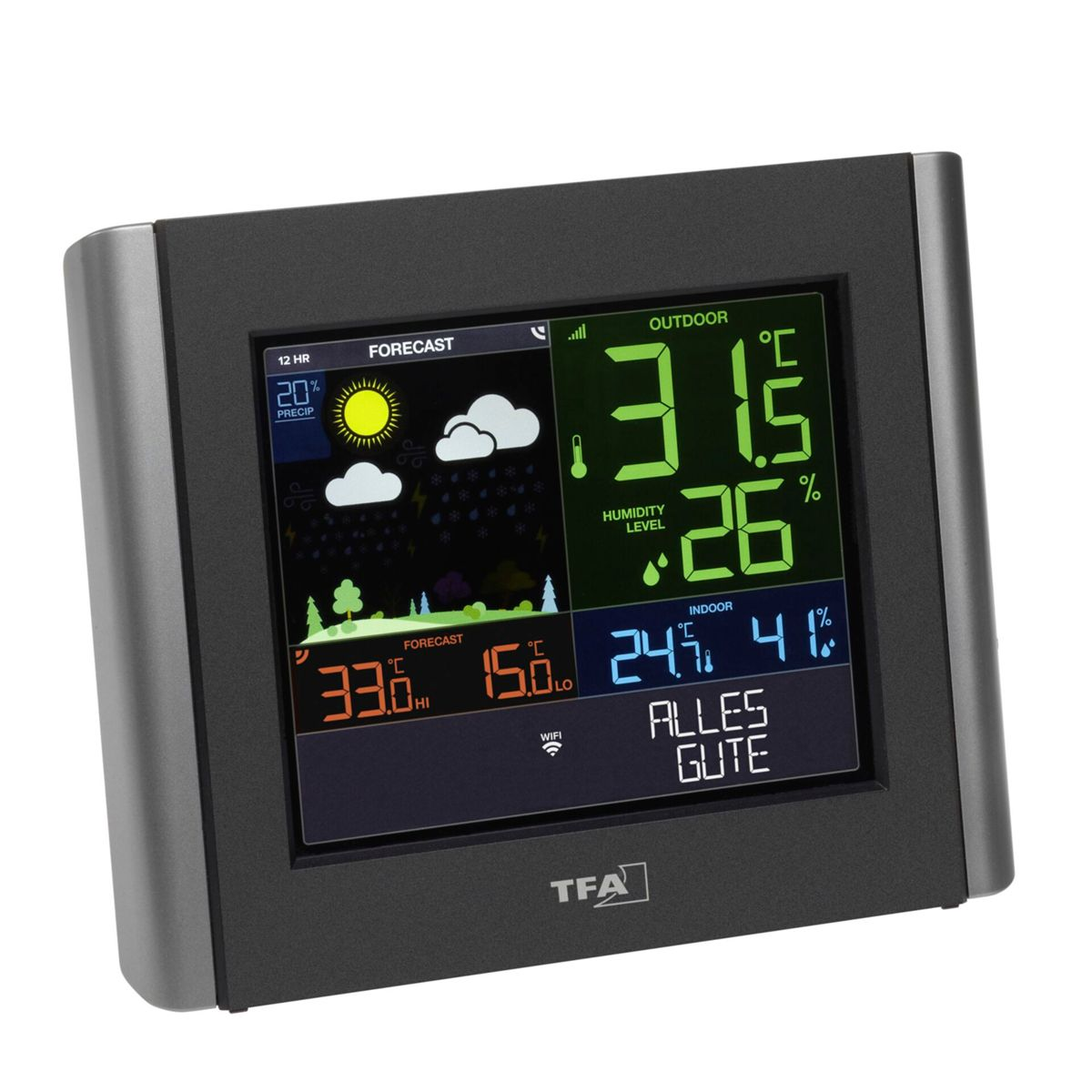 Eine digitale Wetterstation mit schwarzem Rahmen und Display, das Messwerte anzeigt.