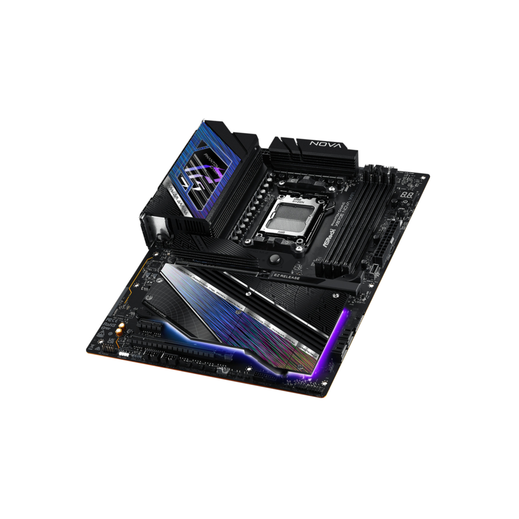 Czarna i srebrna płyta główna z gniazdem CPU i różnymi komponentami.