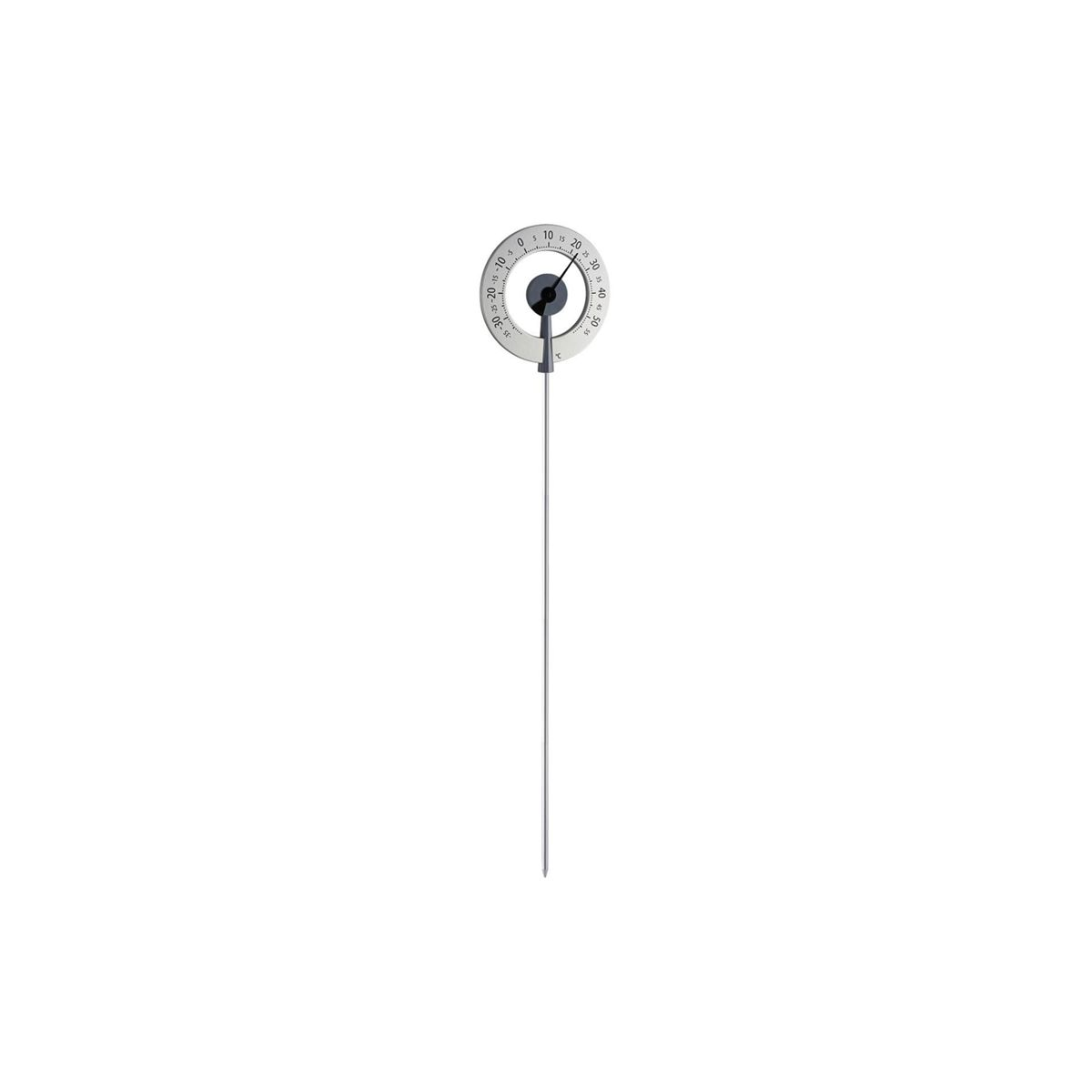 Thermometer. Hat ein kreisförmiges Zifferblatt mit Temperaturmarkierungen und eine lange, dünne Metallsonde.