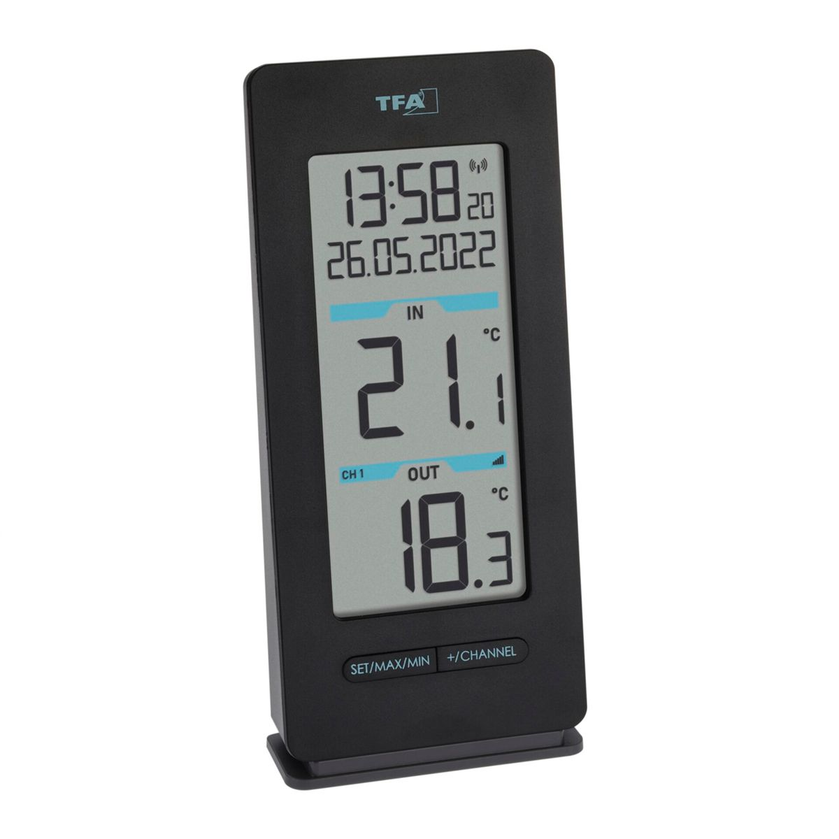 Ein schwarzes digitales Thermometer mit Anzeige von Zeit und Temperatur.