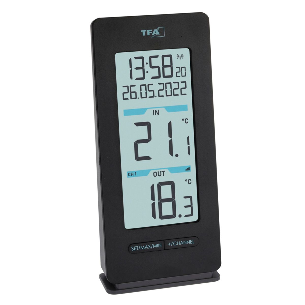 Schwarzes Digitalthermometer mit Zeit- und Temperaturanzeige.