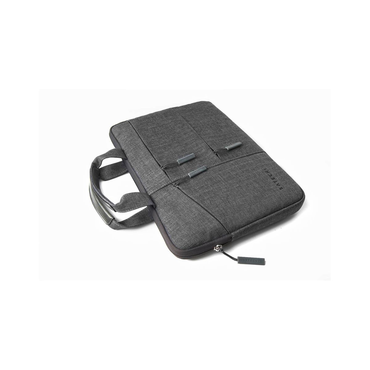 Una borsa grigia per laptop con manico e cerniera.