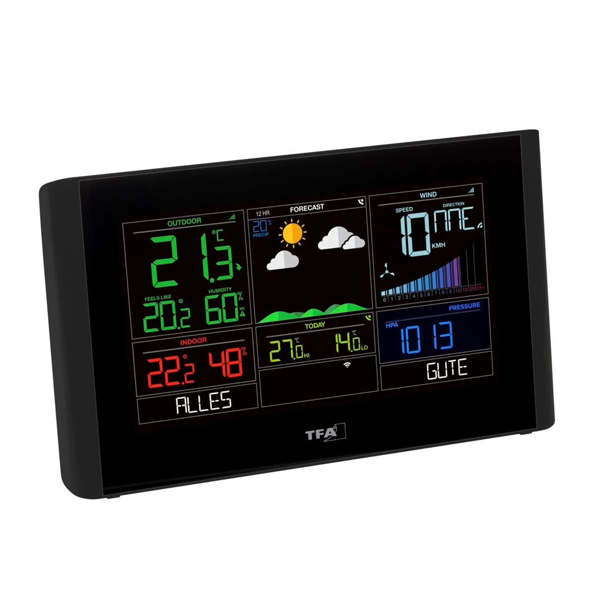 Eine schwarze Wetterstation mit Digitalanzeige, die verschiedene Daten anzeigt.