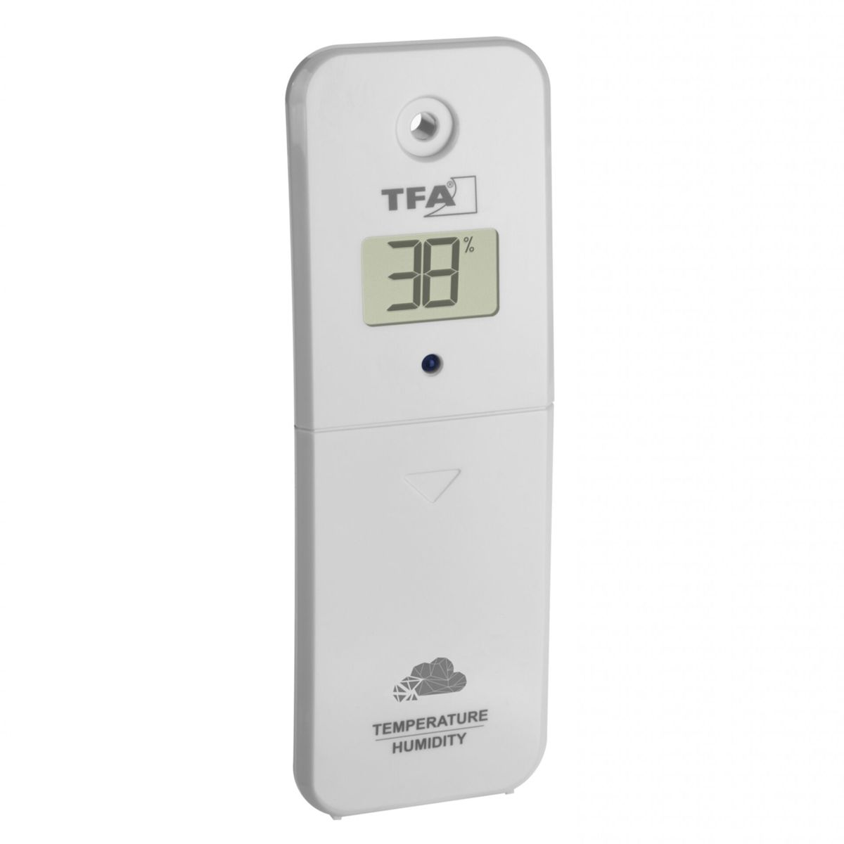Ein weißer Temperatur- und Feuchtigkeitssensor mit einem Display, das 38% anzeigt.