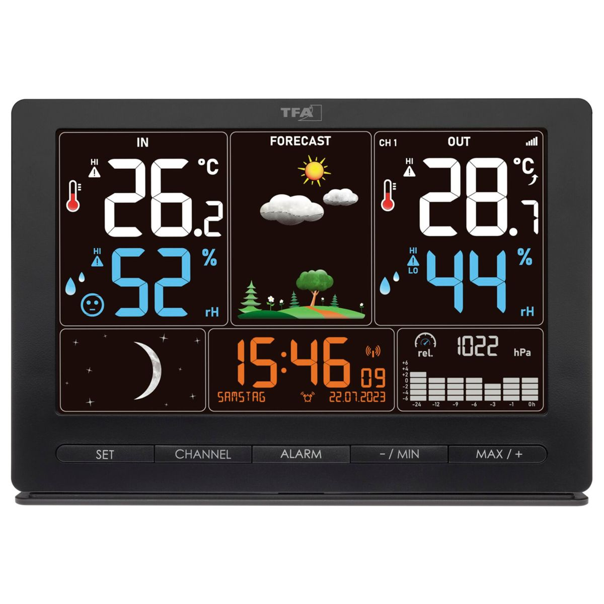 Schwarze Wetterstation mit Temperatur, Luftfeuchtigkeit, Vorhersage, Mondphase und Uhrzeit.