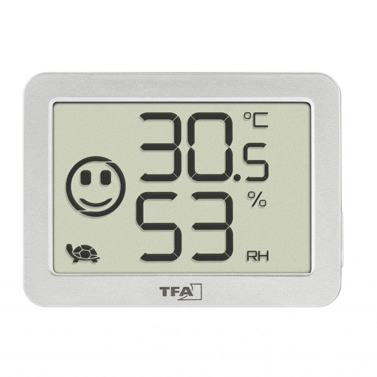 Digitales Thermometer zeigt 30,5 Grad, 53% Luftfeuchtigkeit und ein Smiley-Gesicht.