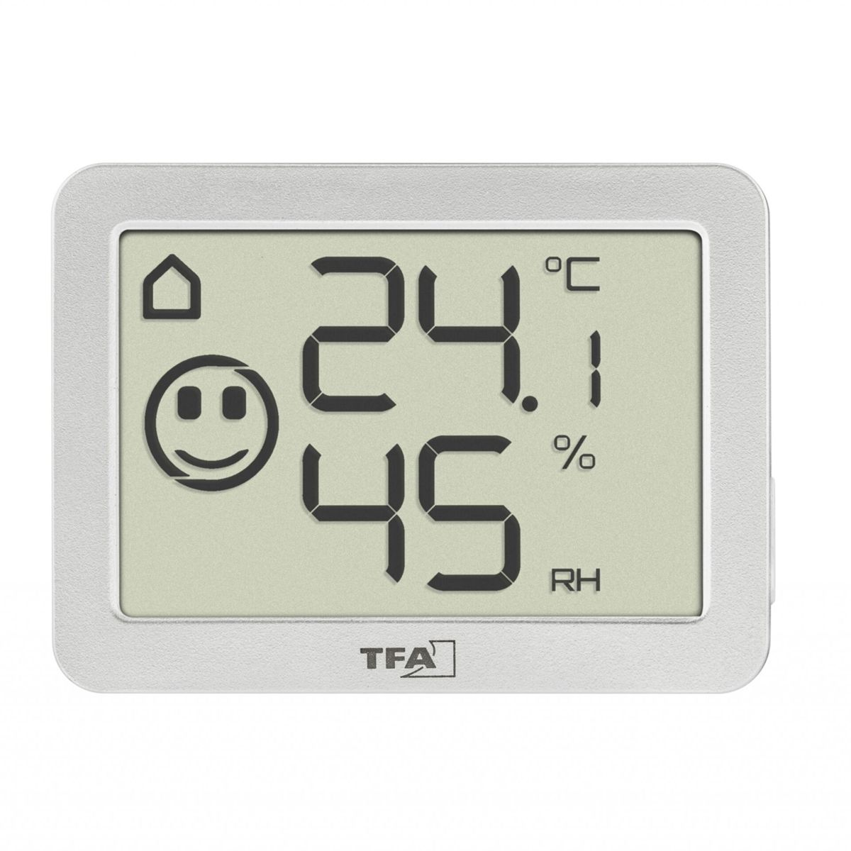 Ein digitales Thermometer zeigt 24,1 Grad Celsius und 45 % relative Luftfeuchtigkeit.