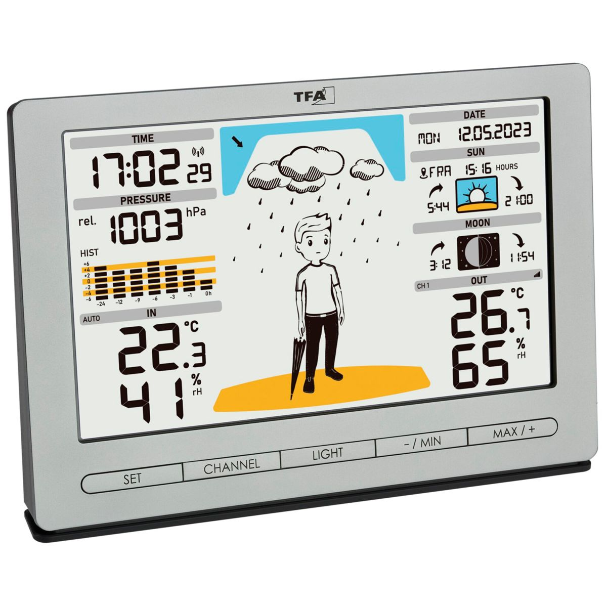 Display digitale della stazione meteo che mostra ora, pressione e temperatura, con previsioni meteo.