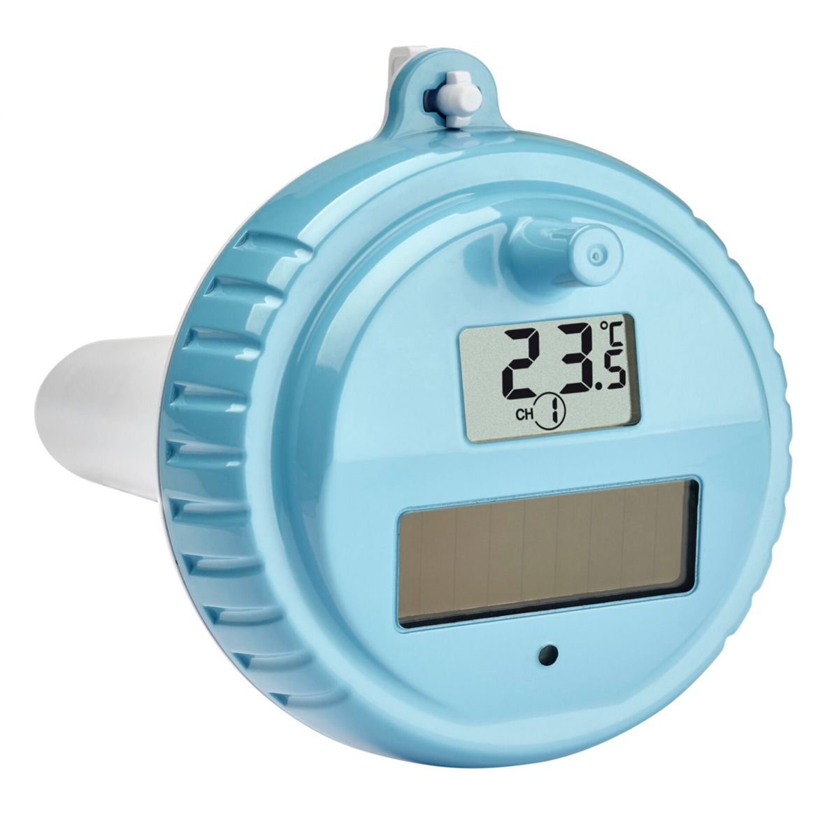 Ein blauer, kreisförmiger, schwimmender Poolthermometer mit Digitalanzeige, die die aktuelle Temperatur anzeigt.