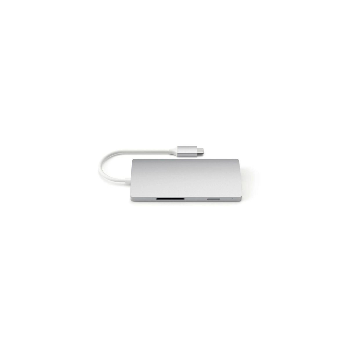 Zilveren USB-C-hub met poorten en een witte kabel.