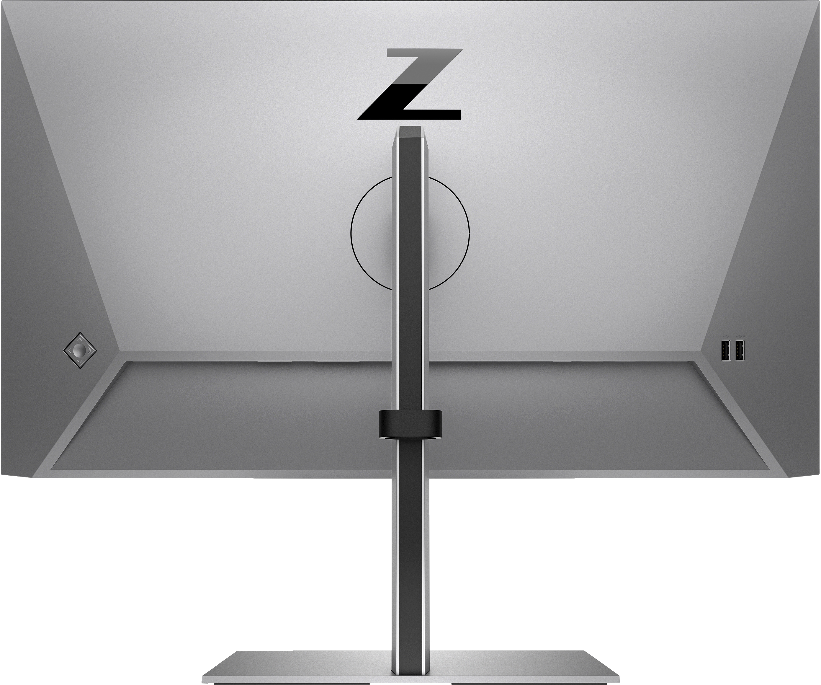 Rear view of a grey monitor with a black stand. It features a Z logo and ports on the back.