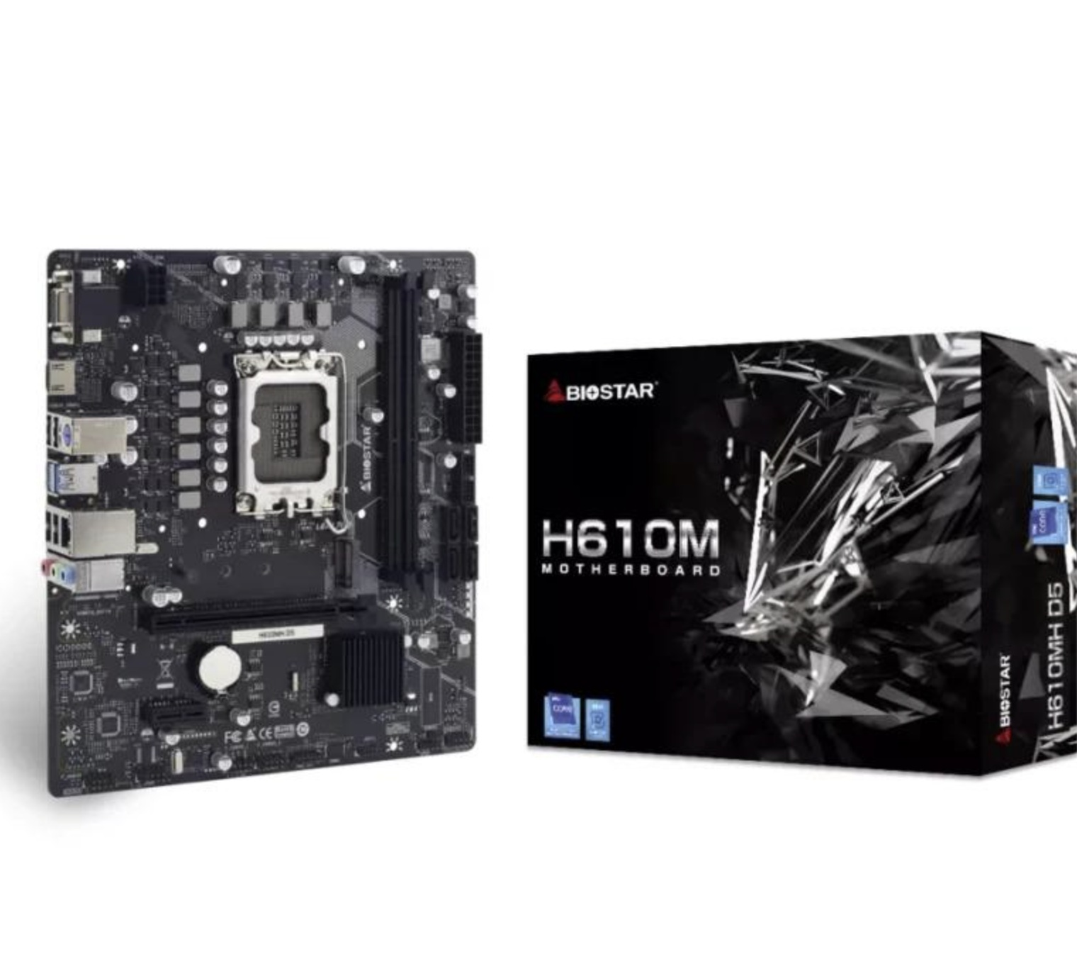 Ein schwarzes Motherboard und eine Box mit Biostar-Logo, Komponenten sichtbar, auf weißem Grund.