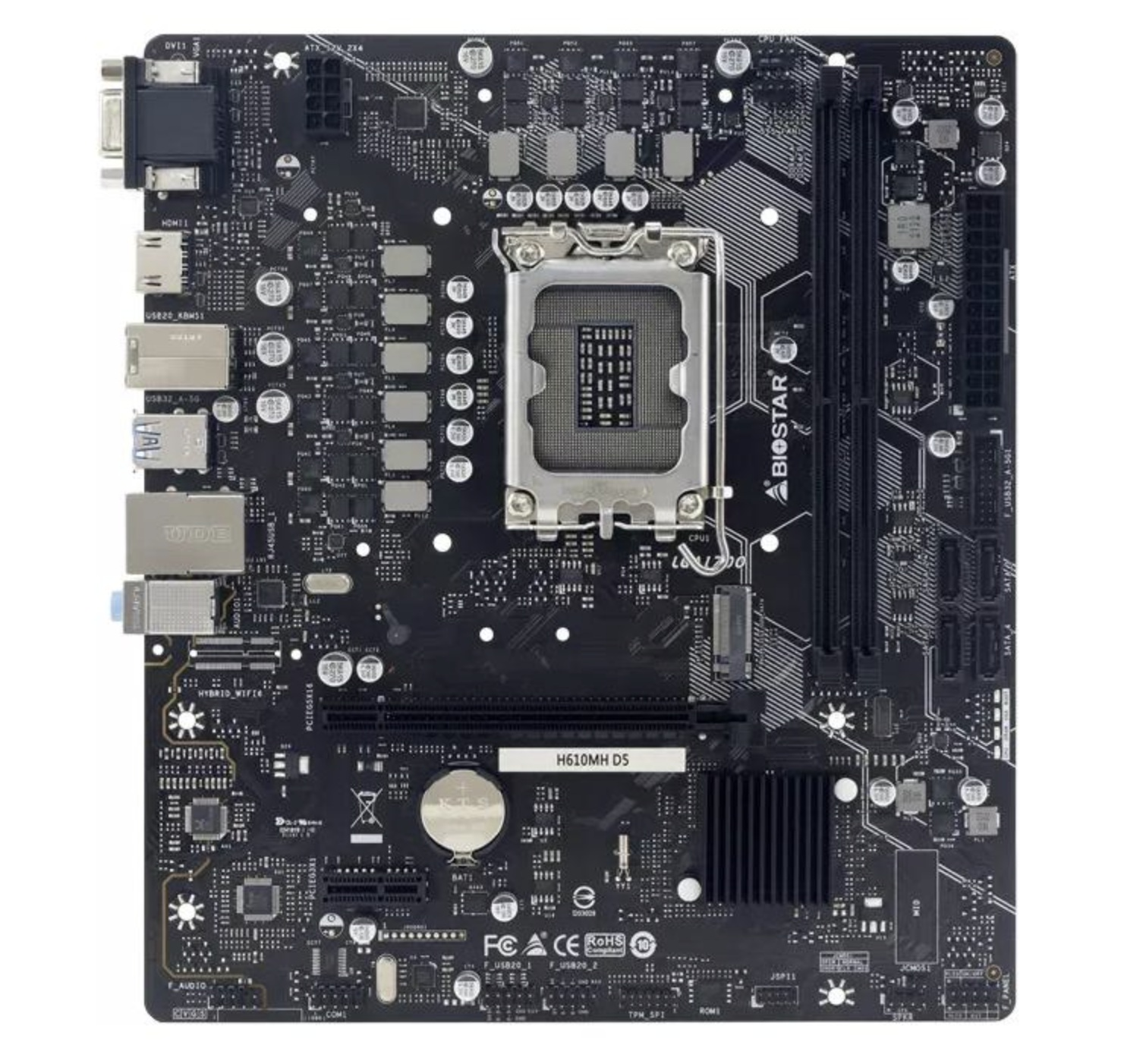Ein schwarzes Computer-Motherboard mit verschiedenen Komponenten und Steckplätzen, Draufsicht.