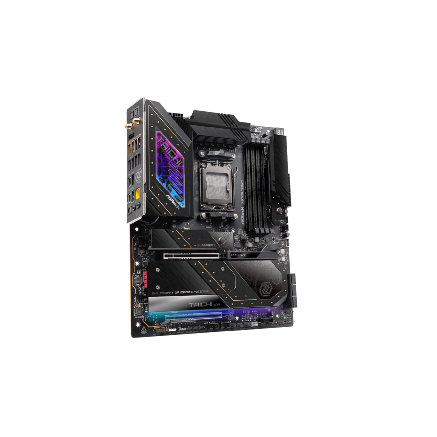 Czarna płyta główna ze złotymi akcentami, różnymi portami i kolorowym oświetleniem.