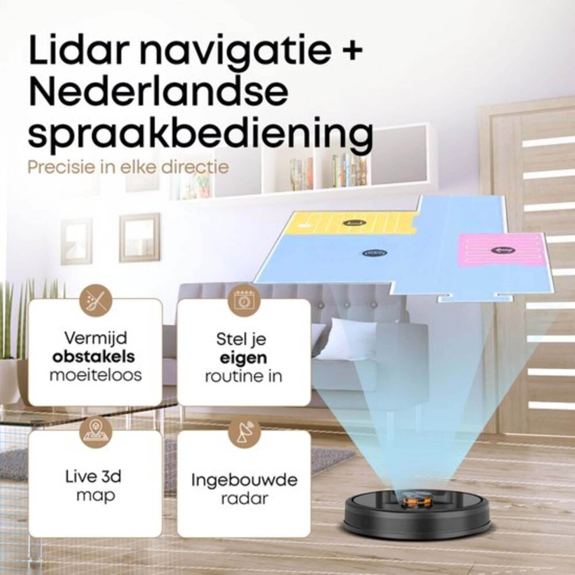 Ein Roboter-Staubsauger auf einem Holzboden, mit einer Kartenüberlagerung, die das Raumlayout und die Reinigungspfade zeigt.