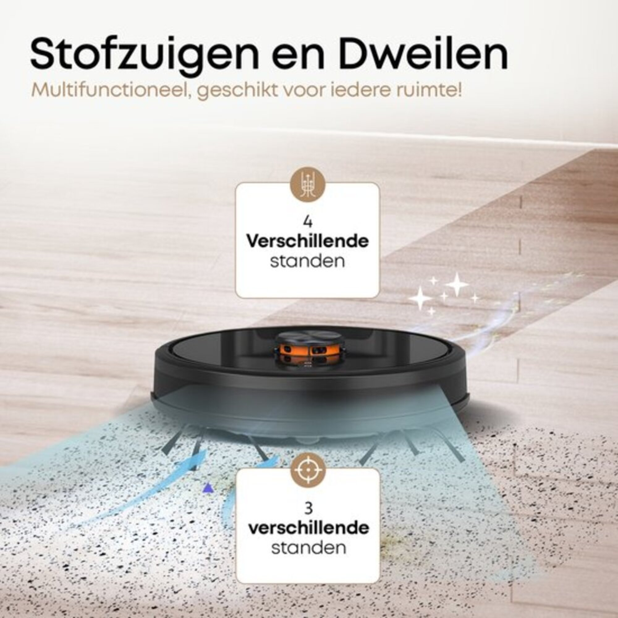 Ein Roboter-Staubsauger. Text auf Niederländisch: Stofzuigen en Dweilen. 4 und 3 Stände.