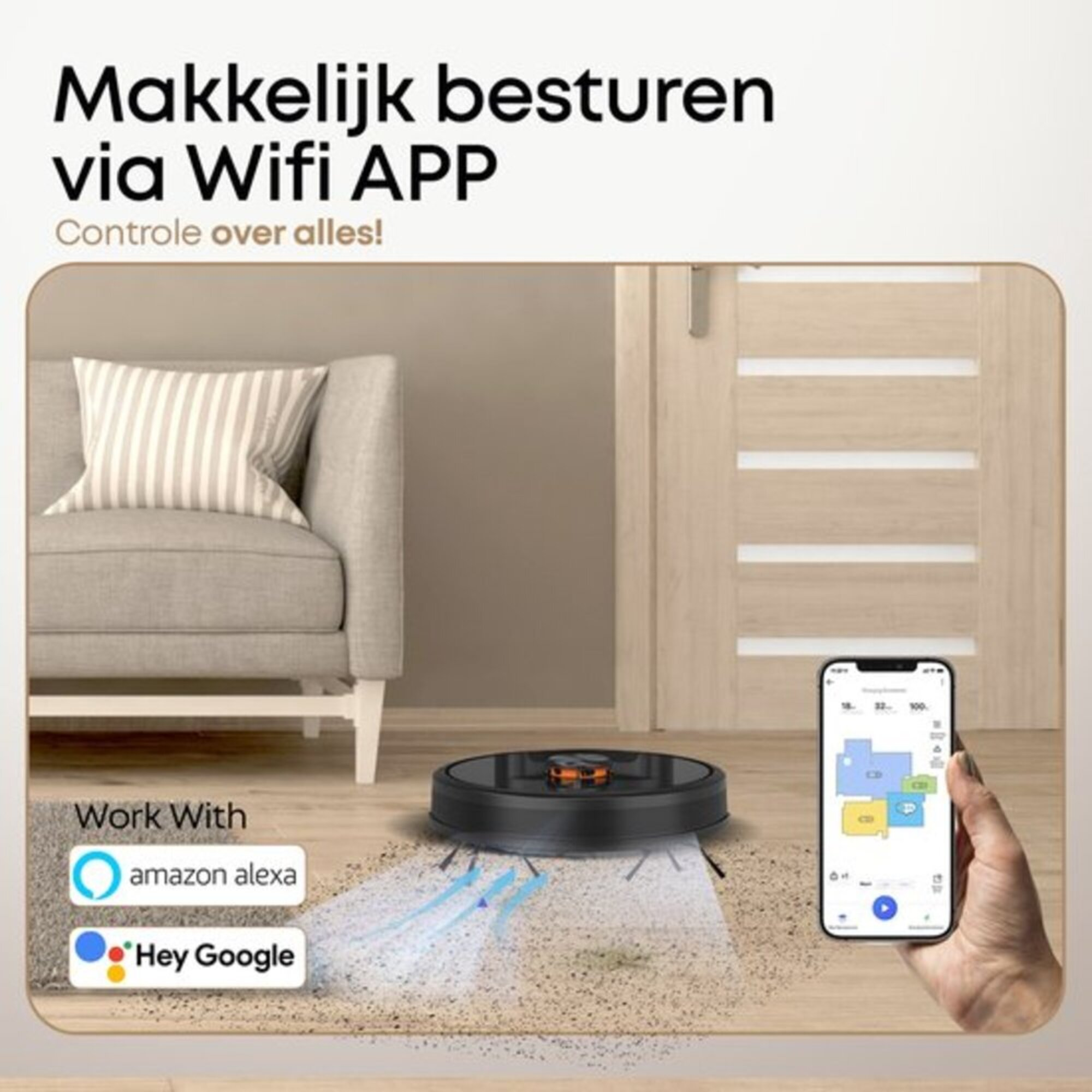 Ein Roboter-Staubsauger reinigt einen Raum. Eine Hand hält ein Telefon mit App.