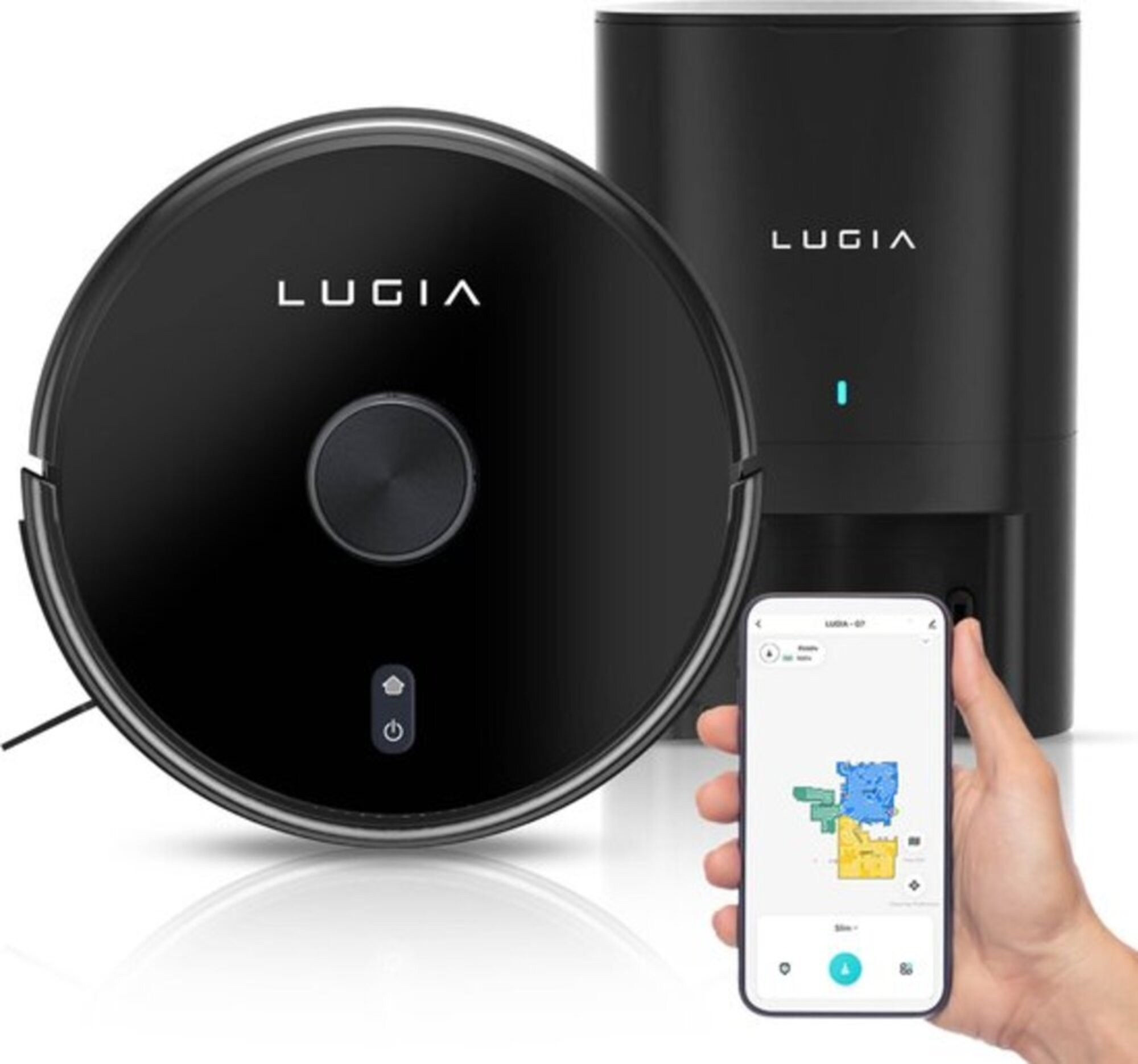 Ein schwarzer Lugia Roboter-Staubsauger mit Ladestation und Telefon.