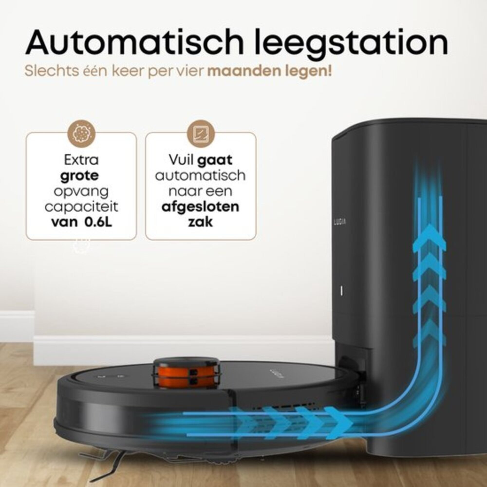 Ein schwarzer Roboter-Staubsauger und seine Basisstation. Pfeile zeigen den Schmutzabfuhrprozess.