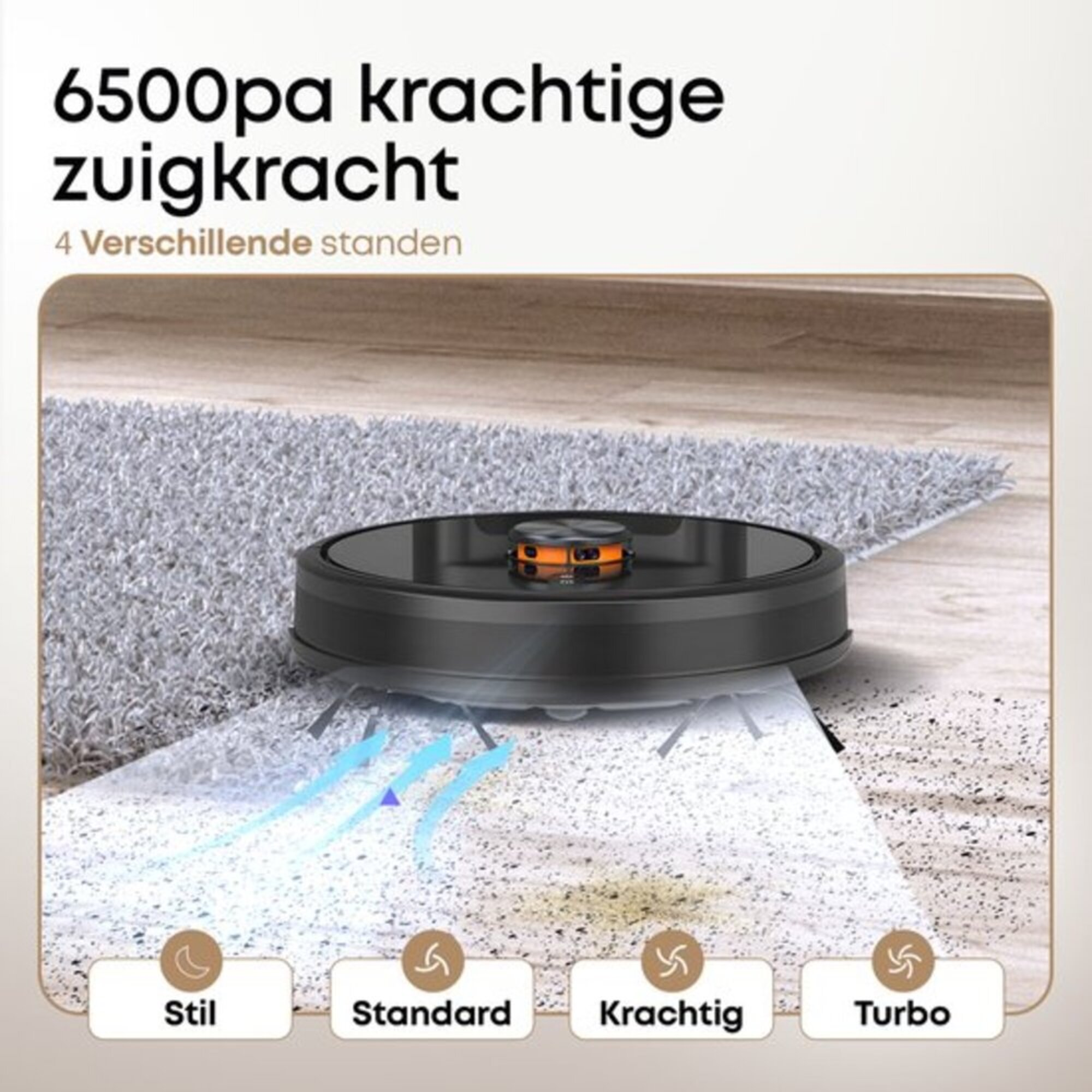 Ein schwarzer Roboter-Staubsauger auf einem hellen Teppich, der seine Reinigungsaktion und verschiedene Einstellungen zeigt.