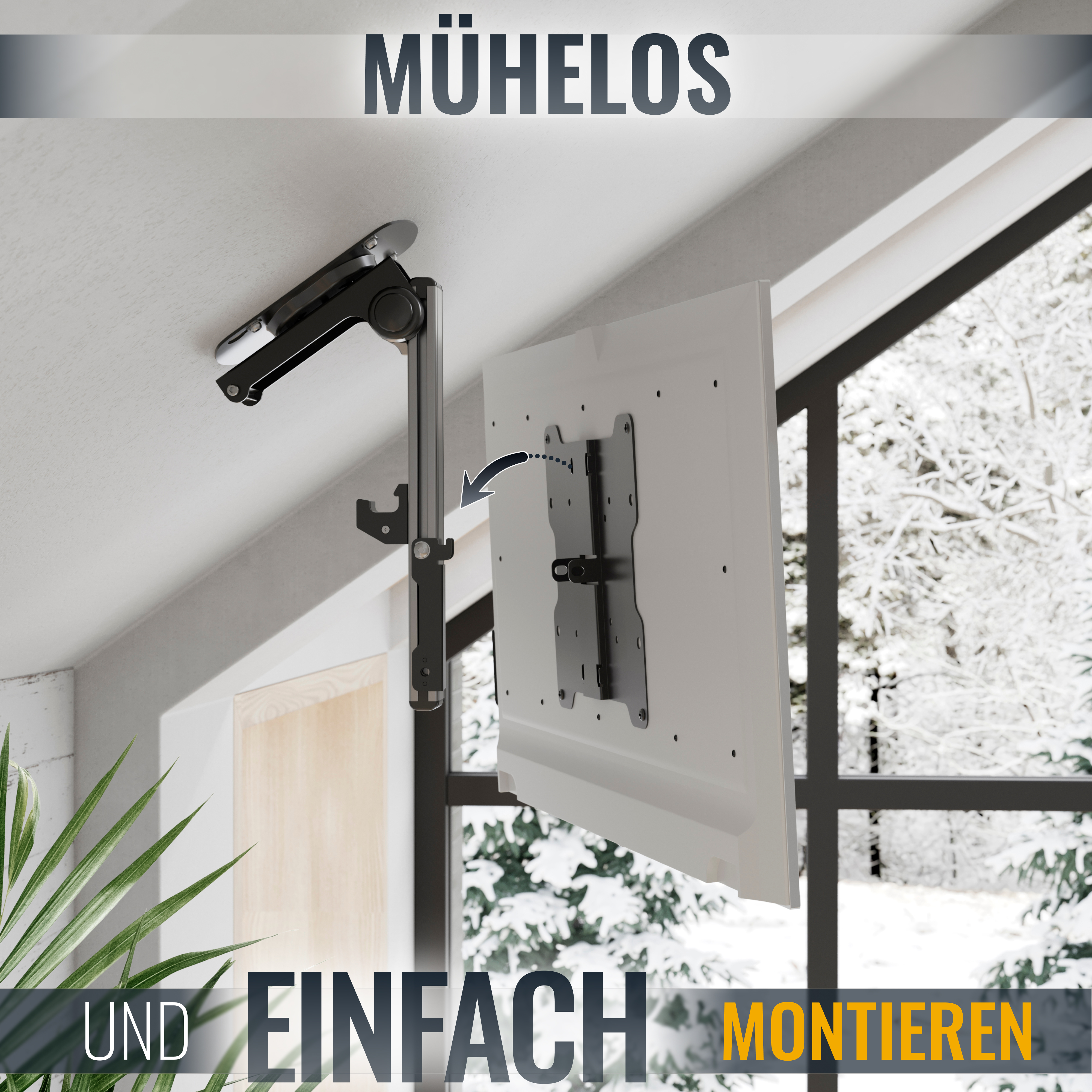 An der Decke befestigte TV-Halterung mit weißem Fernsehbildschirm, Pflanzen und schneebedeckten Bäumen durch ein Fenster.