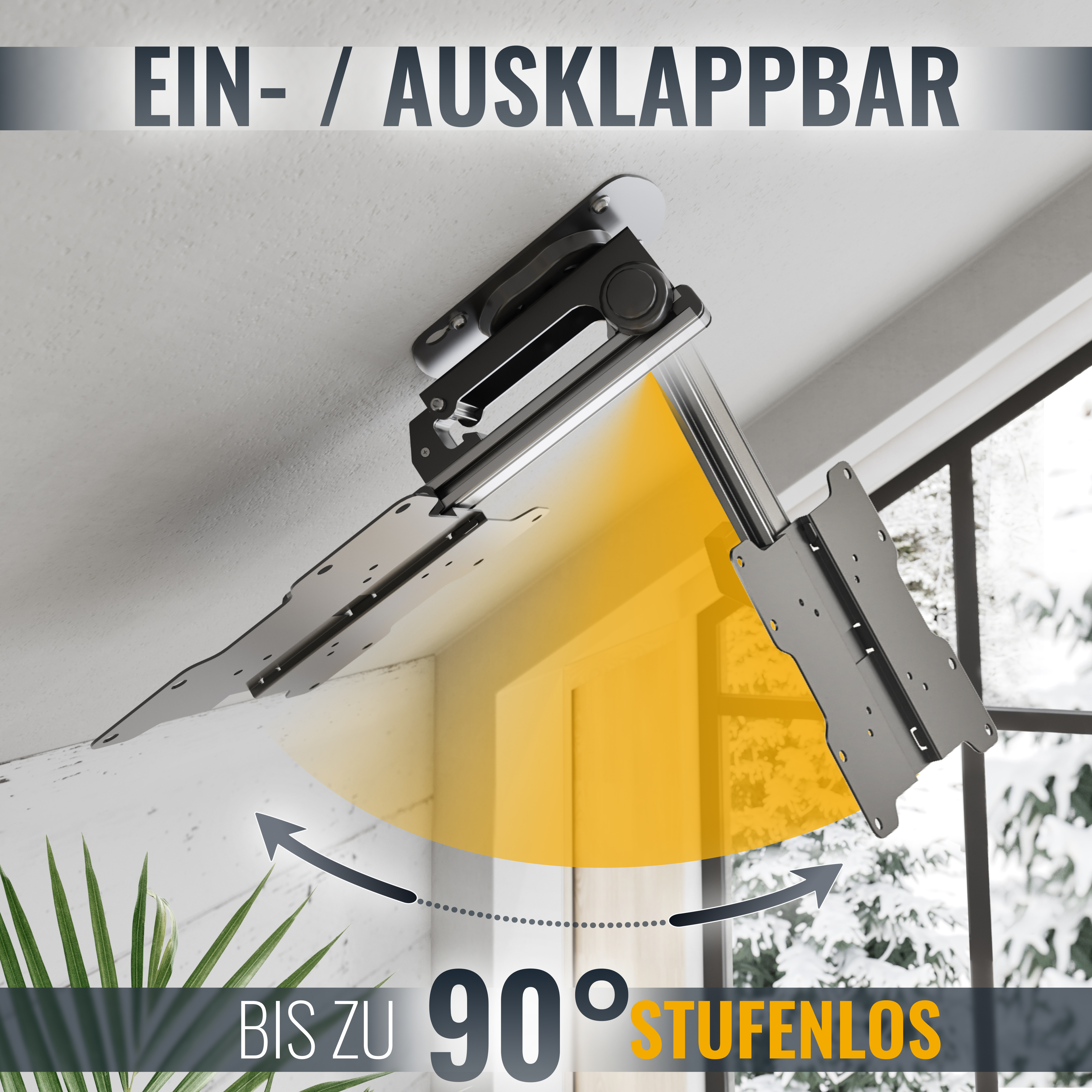 Deckenhalterung für Fernseher, verstellbarer Winkel und gelb markierter Bereich.