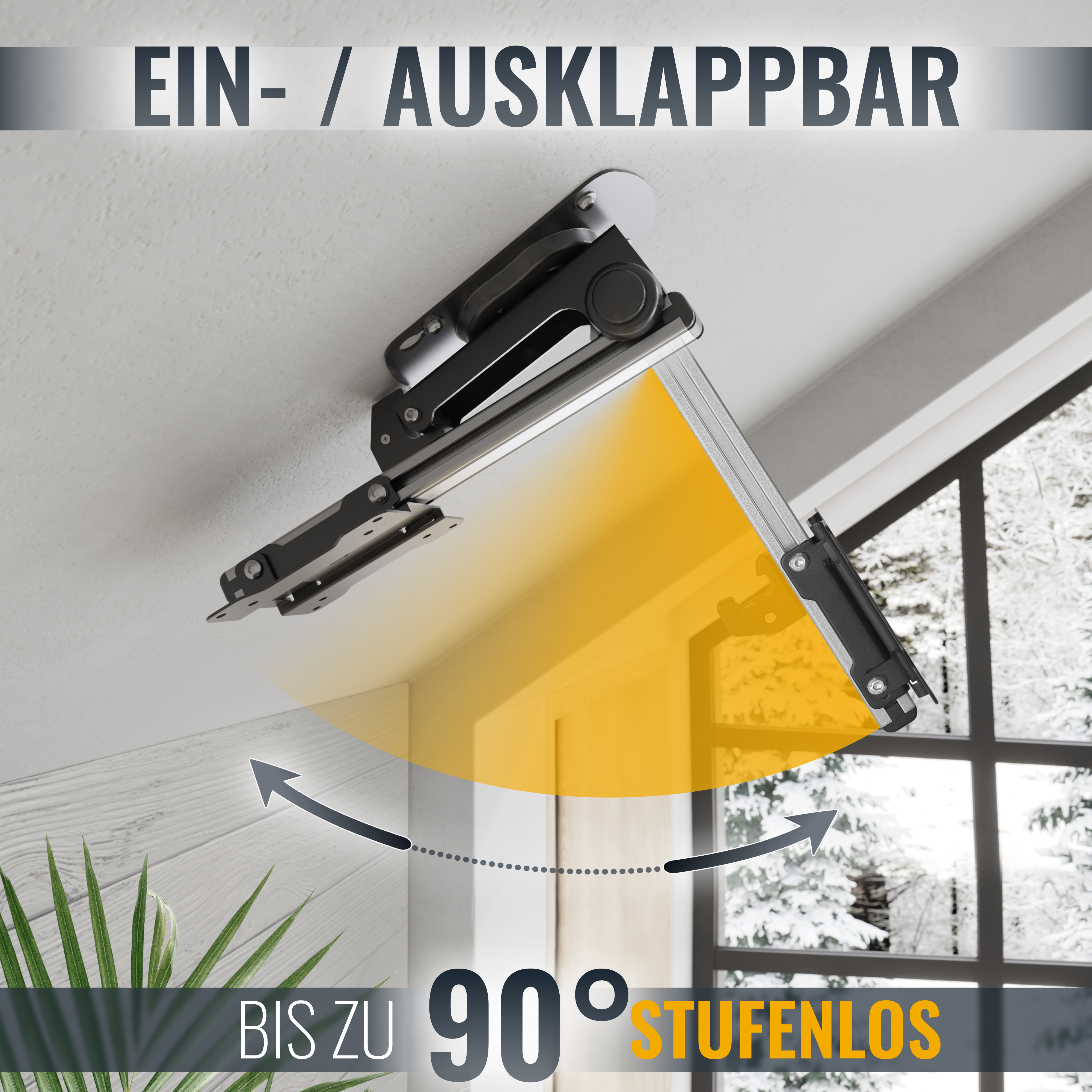 Eine Deckenhalterung für einen Projektor, dargestellt in verschiedenen Einstellphasen mit Bewegungspfeilen.