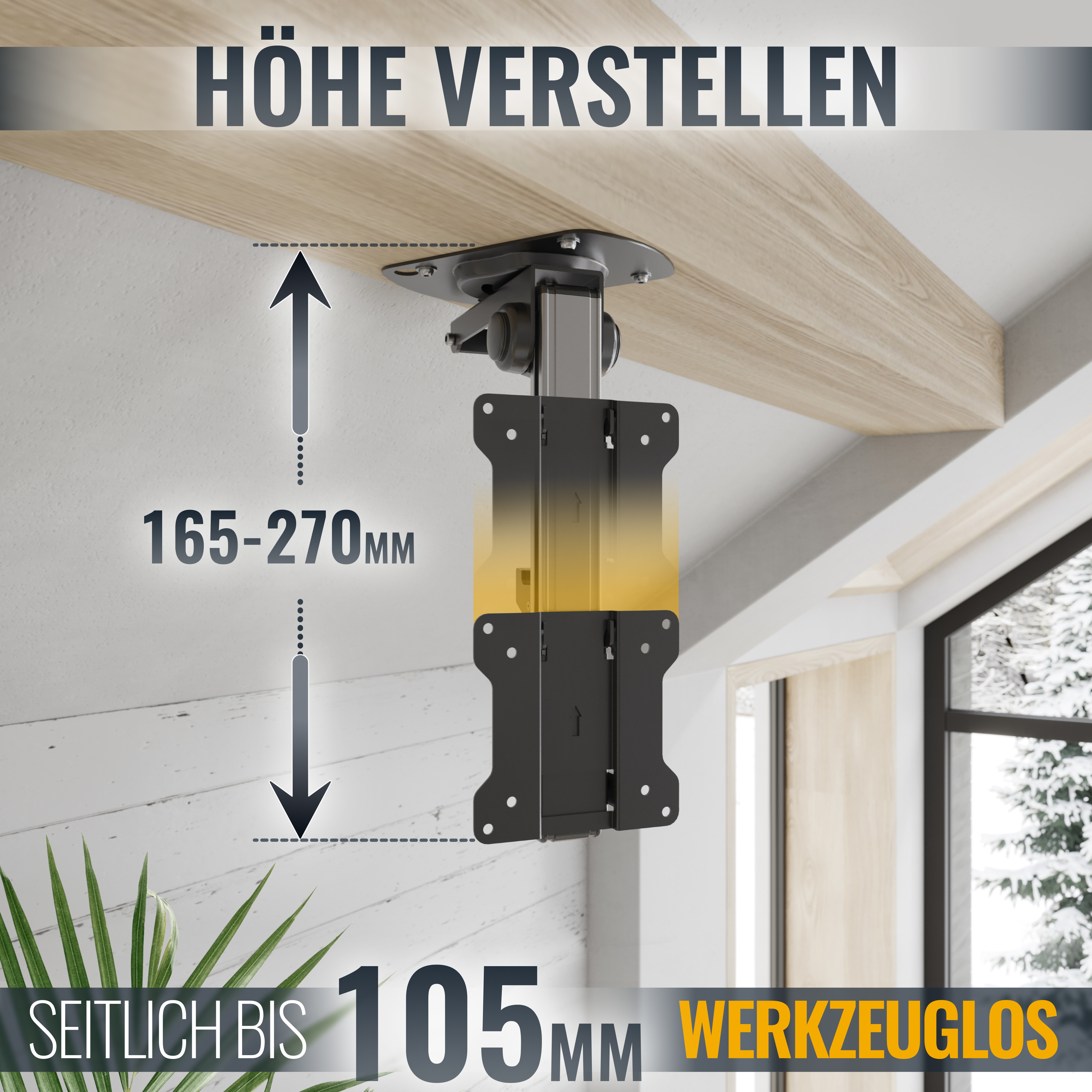 Deckenhalterung für TV mit Höheneinstellbereich, an einer Holzdecke montiert.