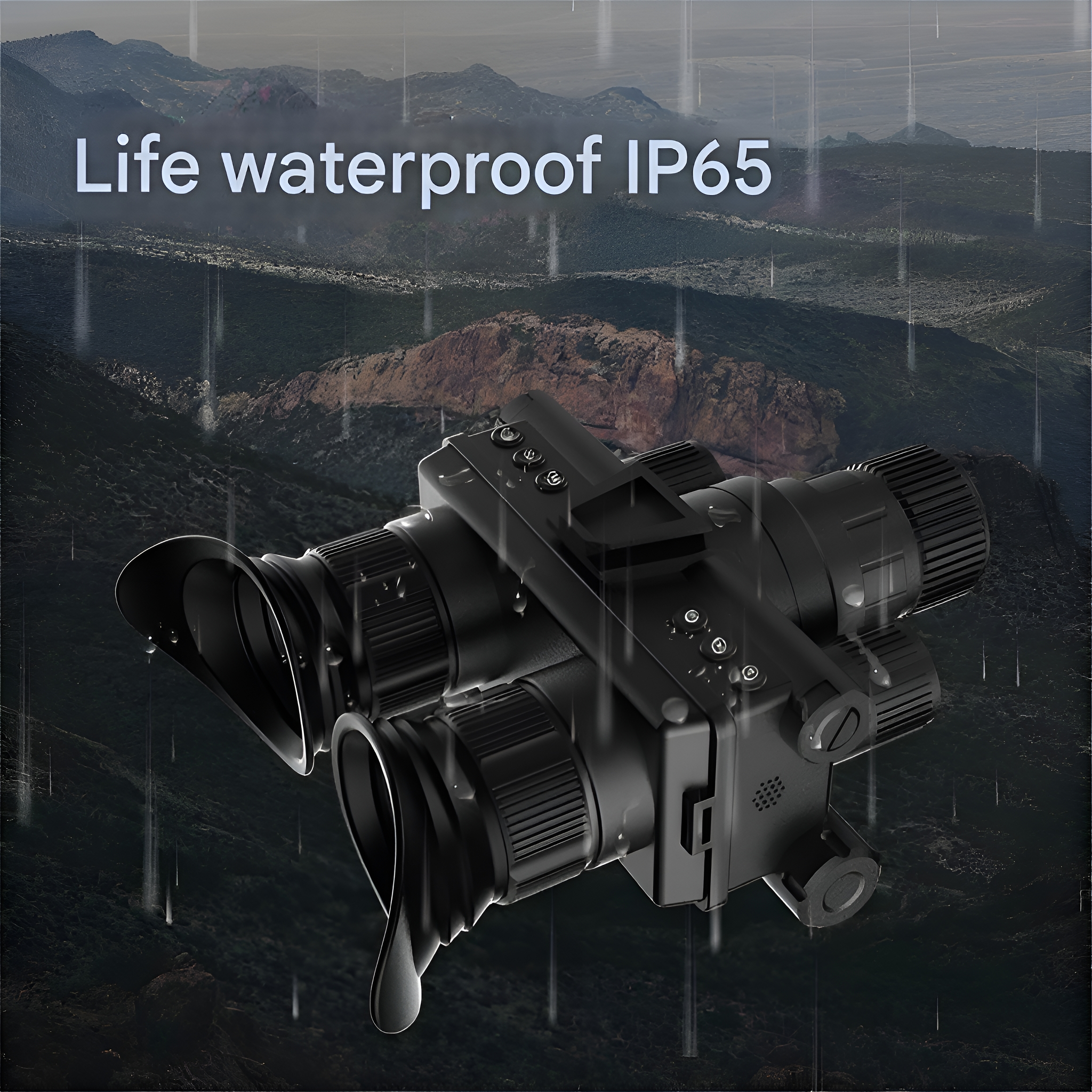 Schwarzes Nachtsichtgerät im Regen, Text lautet: "Life waterproof IP65."