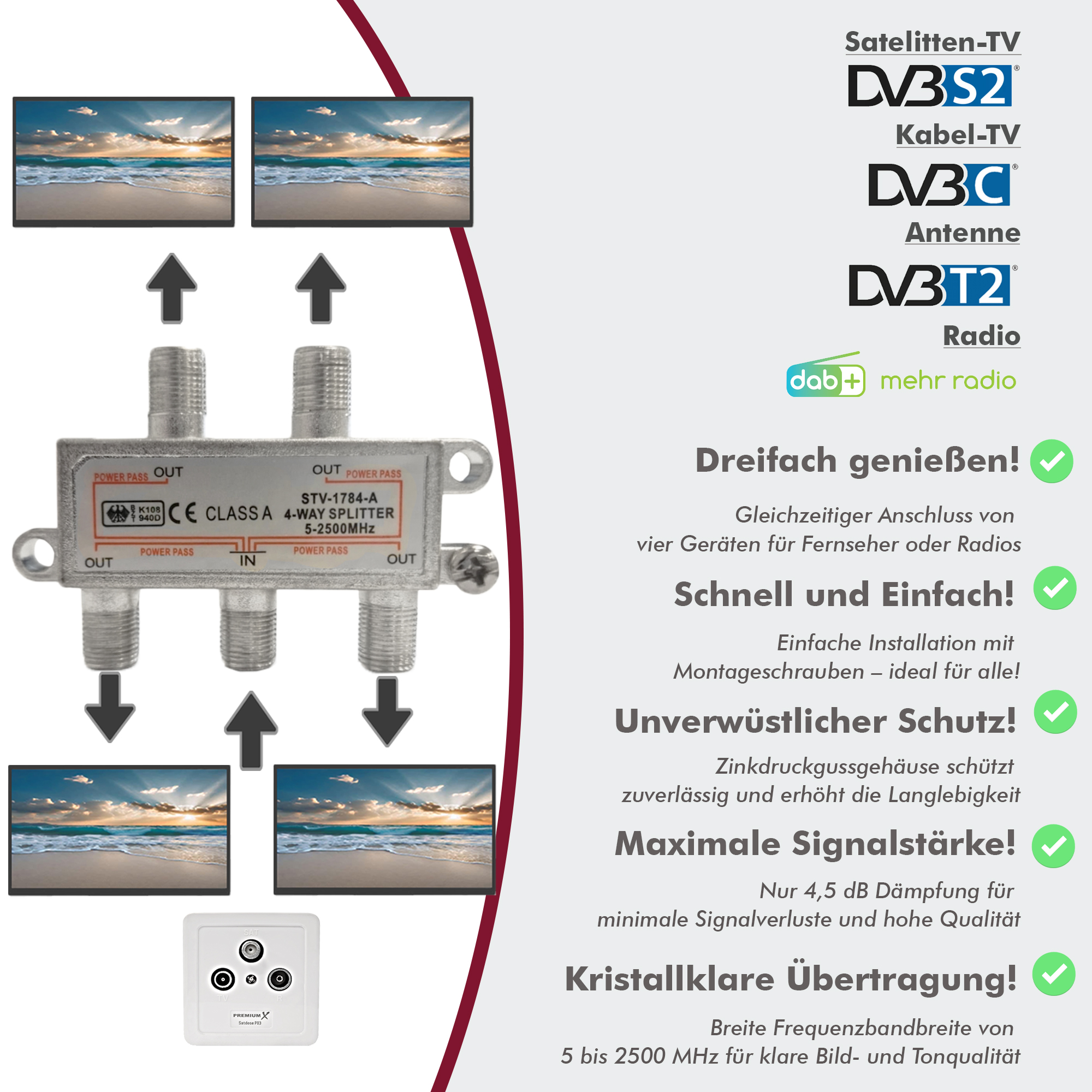 Ein Splitter zum Anschluss mehrerer Fernseher. Texte auf Deutsch: Satelliten-TV, Kabel-TV, Antenne, Radio.