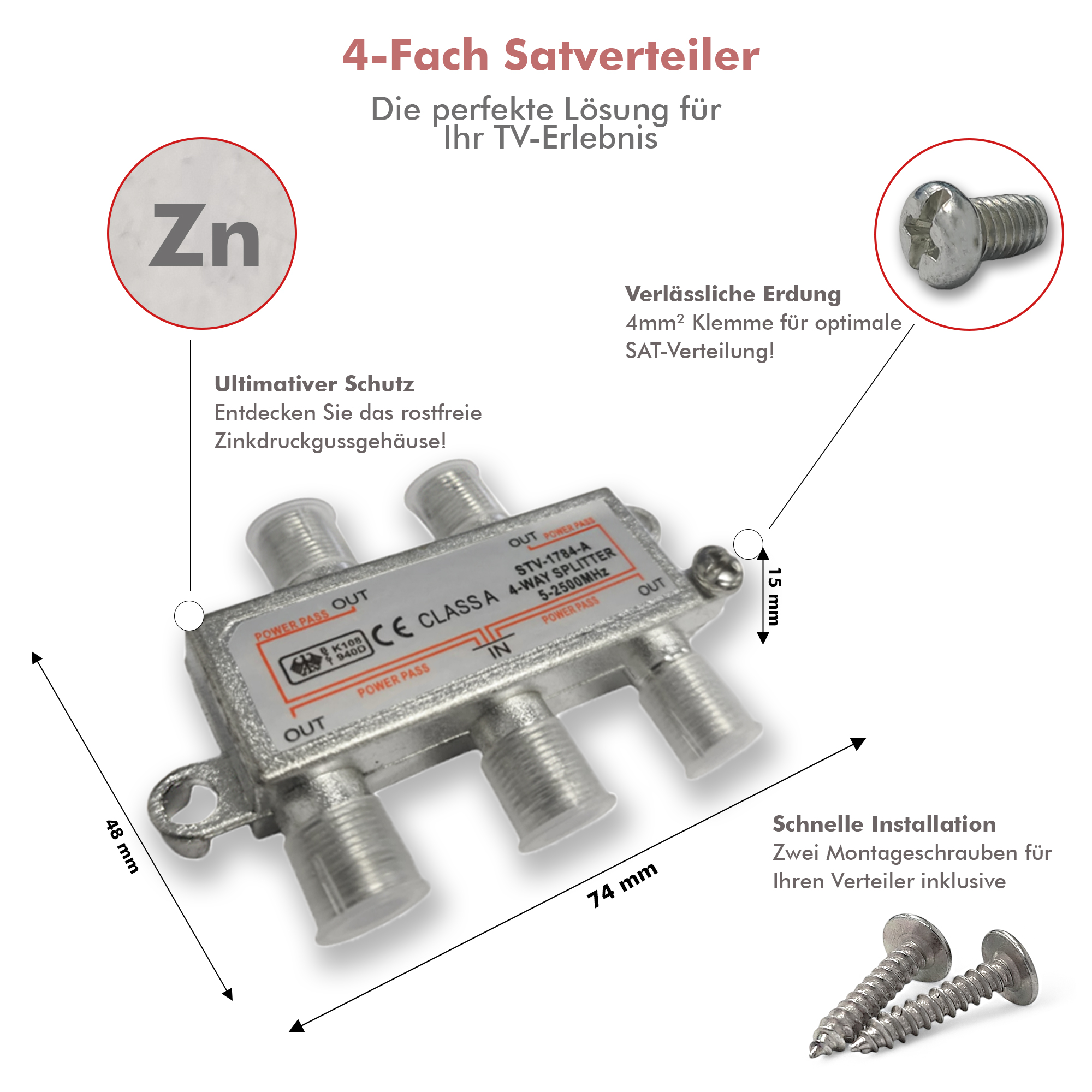 Ein 4-Wege-Satelliten-Splitter mit Abmessungen und Schrauben, mit Beschriftungen.