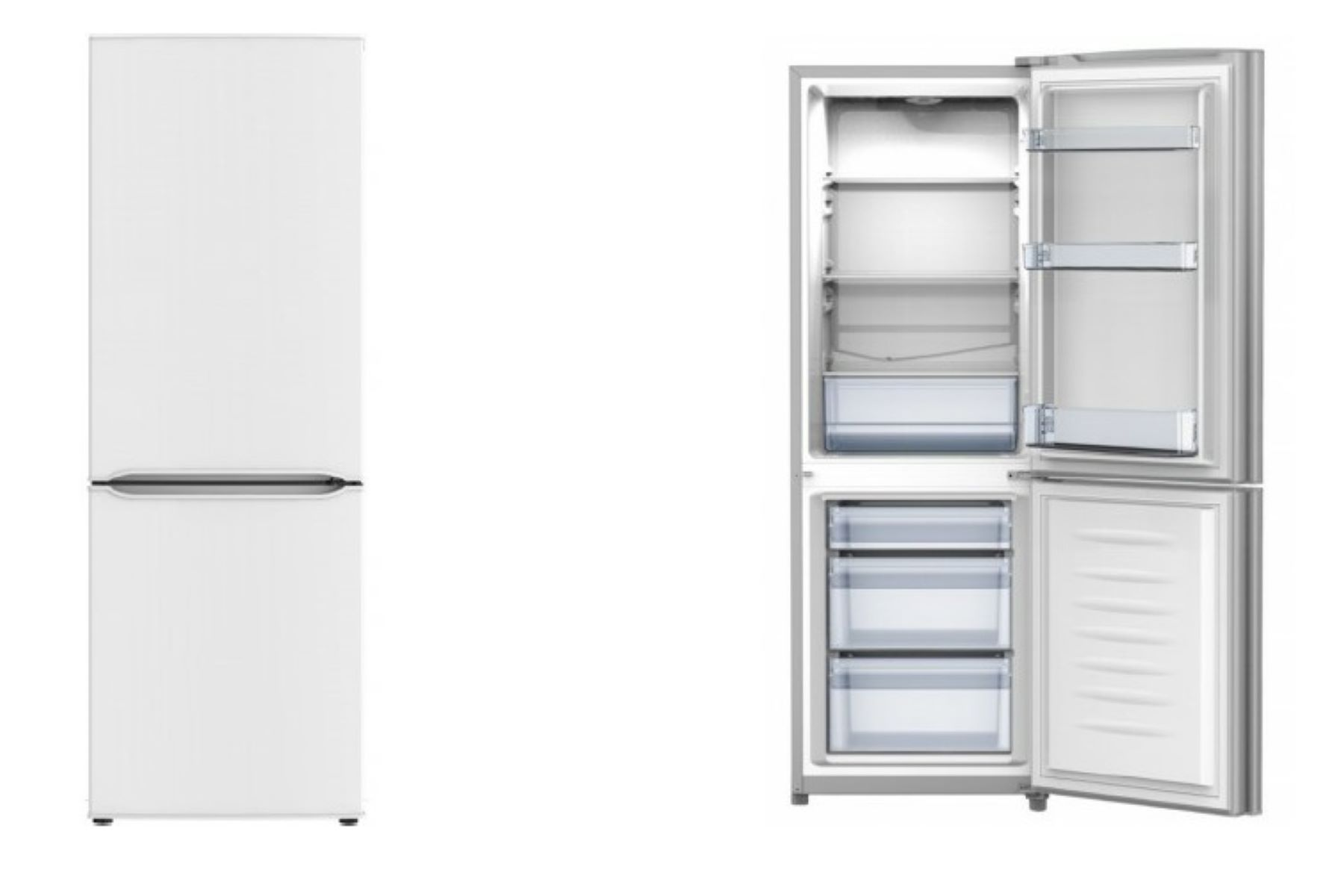Ein weißer Kühlschrank mit Gefrierfach unten, geöffnet, um Regale und Schubladen zu zeigen.