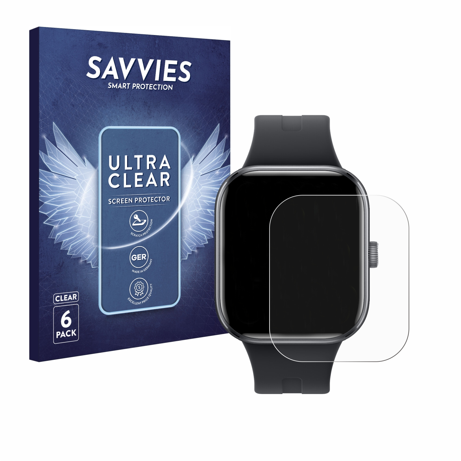 Smartwatch und Displayschutz. Schwarze Uhr und Displayschutz. Weiße Box, klarer Schutz.