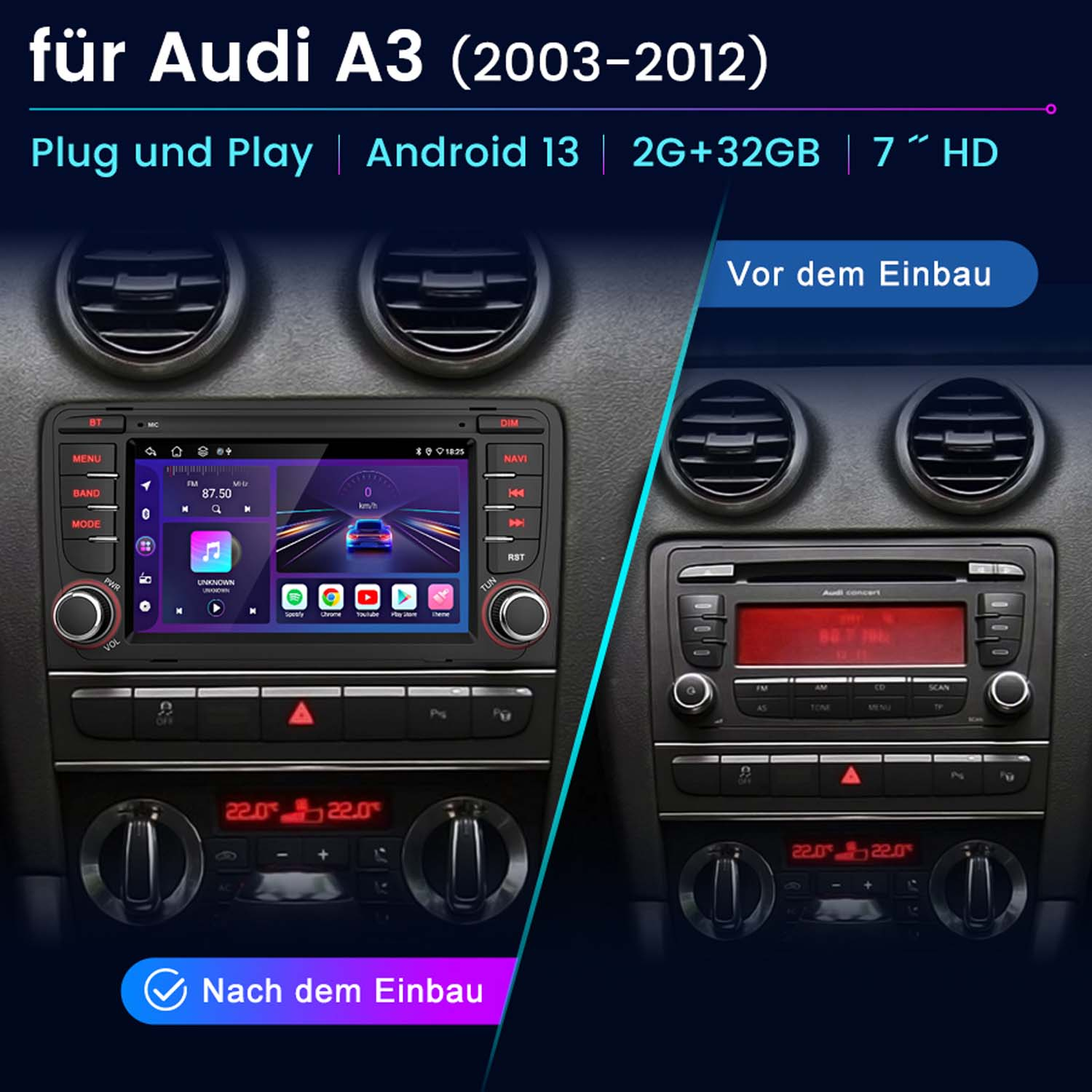 Zwei Bilder, die ein Autoradio vor und nach dem Einbau zeigen.