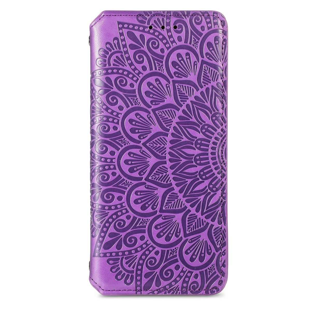 Lila Handyhülle mit Mandala-Design, geschlossen und nach oben zeigend.