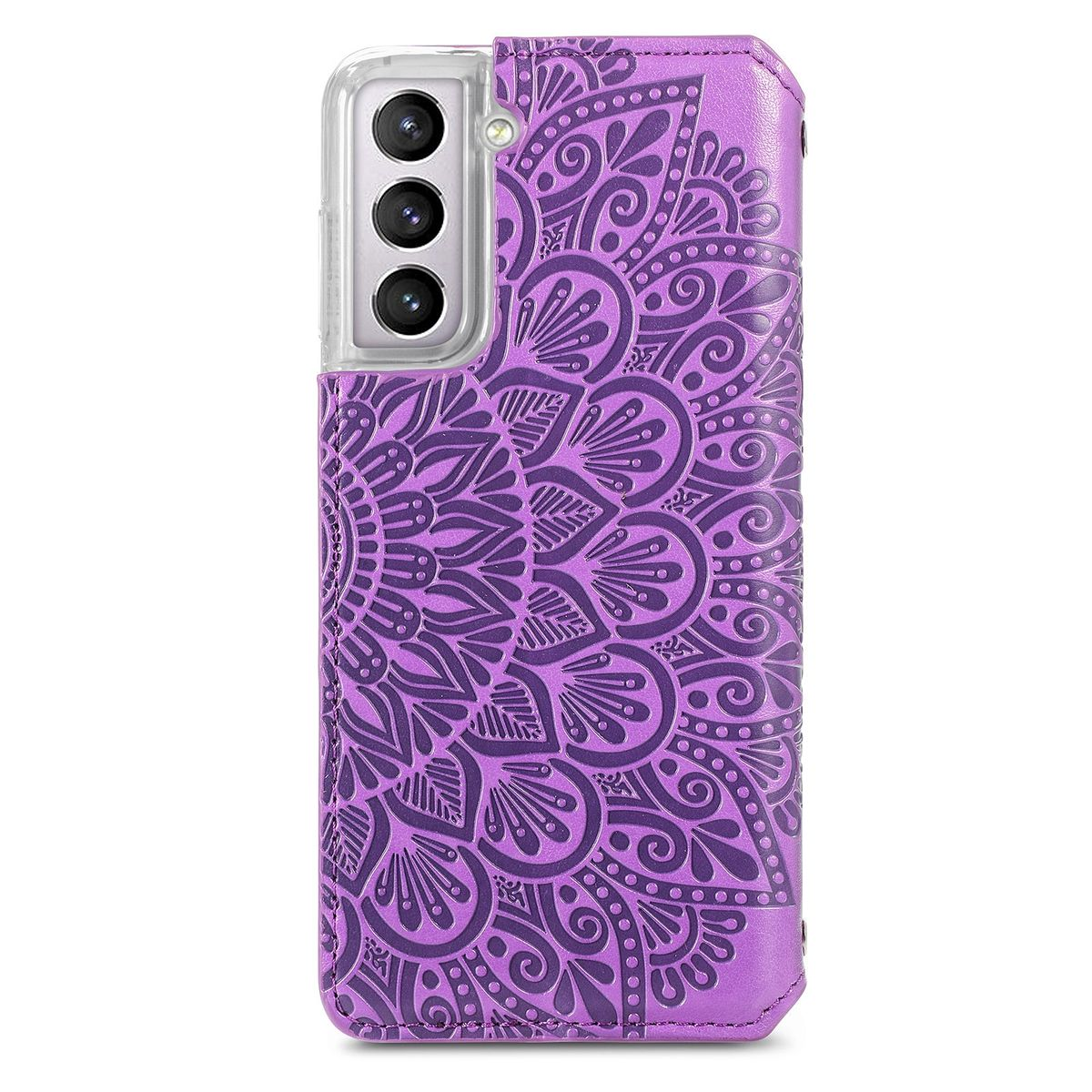 Lila Handyhülle mit Mandala-Design auf weißem Hintergrund, zeigt ein Telefon.