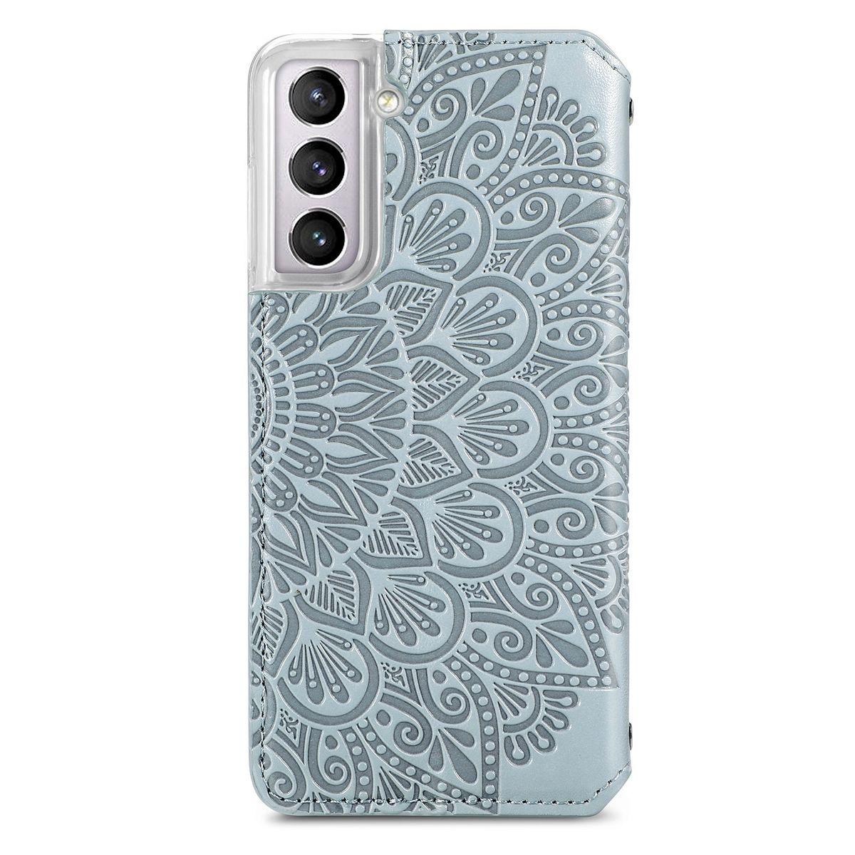 Eine hellblaue Handyhülle mit dekorativem Mandala-Design.