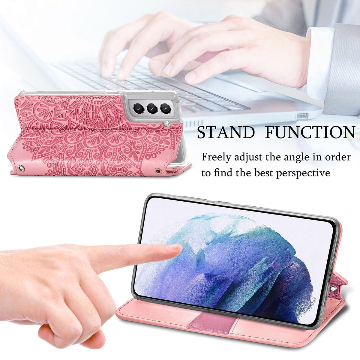 Eine rosa Handyhülle mit floralem Design. Das Telefon befindet sich in der offenen Hülle, die als Ständer dient.
