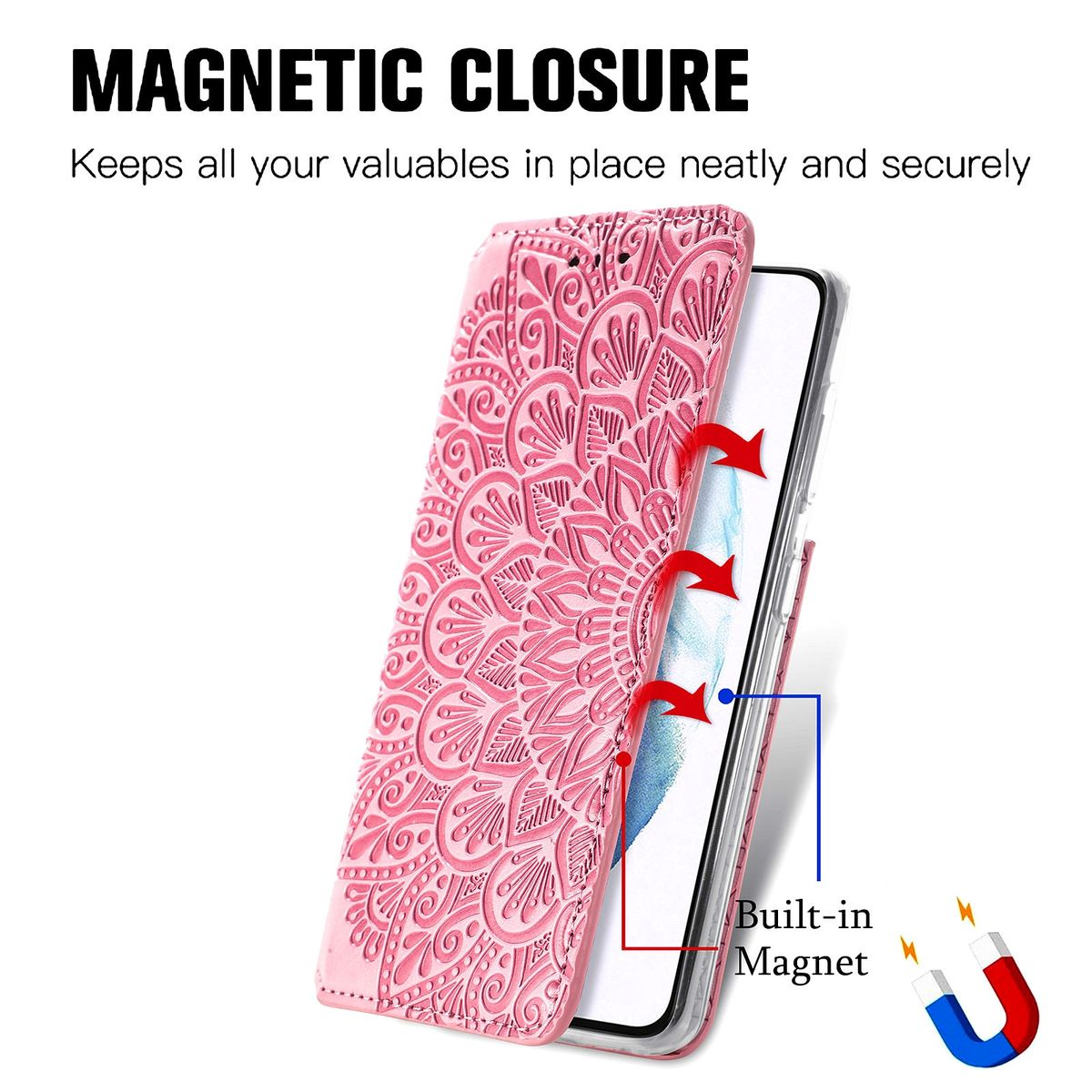 Eine pinke Handyhülle mit Mandala-Design öffnet sich und zeigt ein Handy. Pfeile zeigen Magnetverschluss.