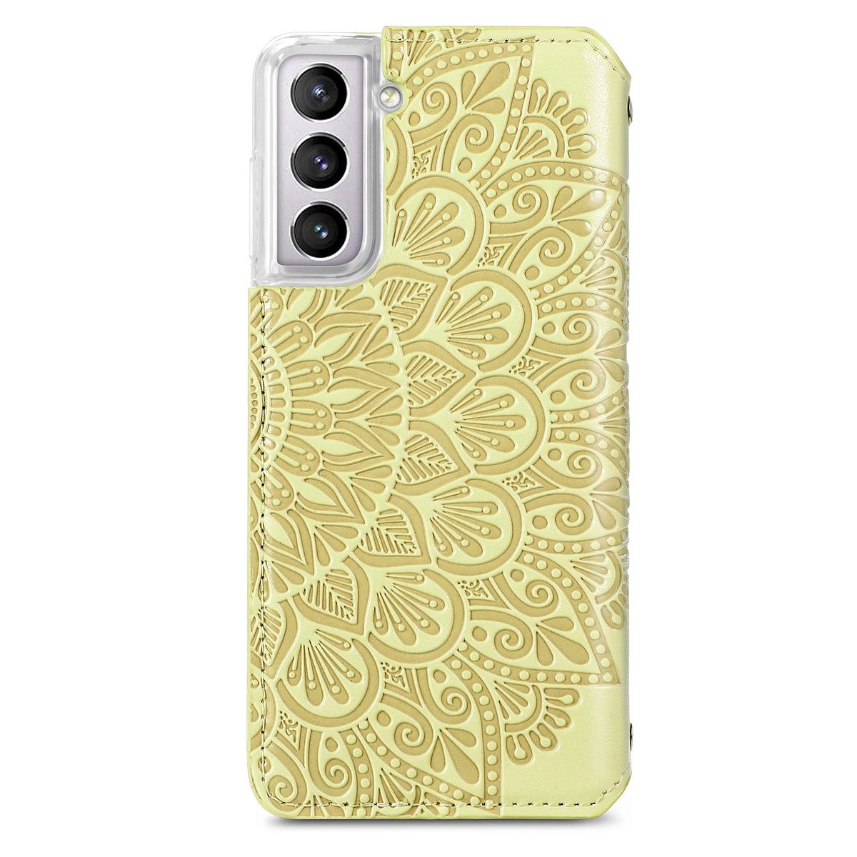 Eine gelbe Handyhülle mit floralem Design. Sie hält ein Telefon.