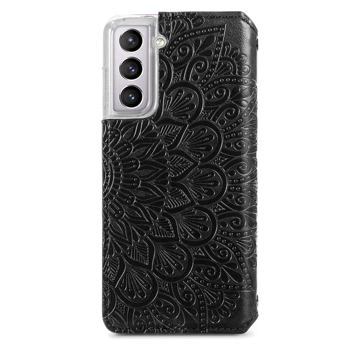 Eine schwarze Leder-Handyhülle mit geprägtem Blumenmuster, die ein Telefon mit drei Kameras bedeckt.