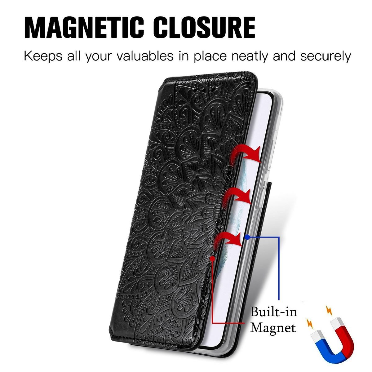 Schwarze Handyhülle mit Magnetverschluss, sichert das Telefon.