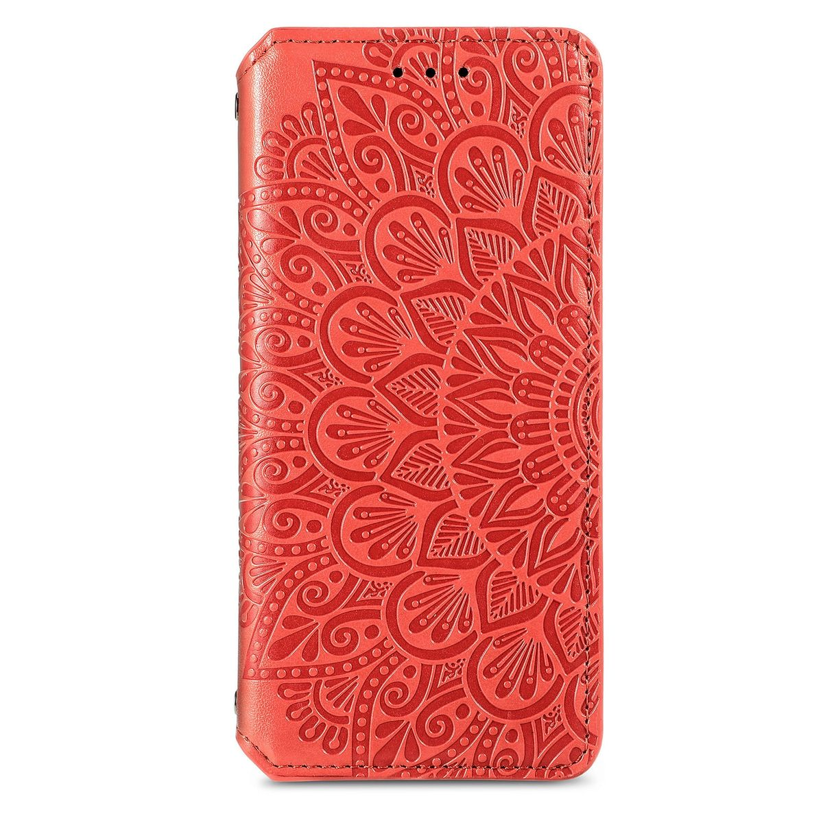 Eine rote Handyhülle mit Blumenmuster.