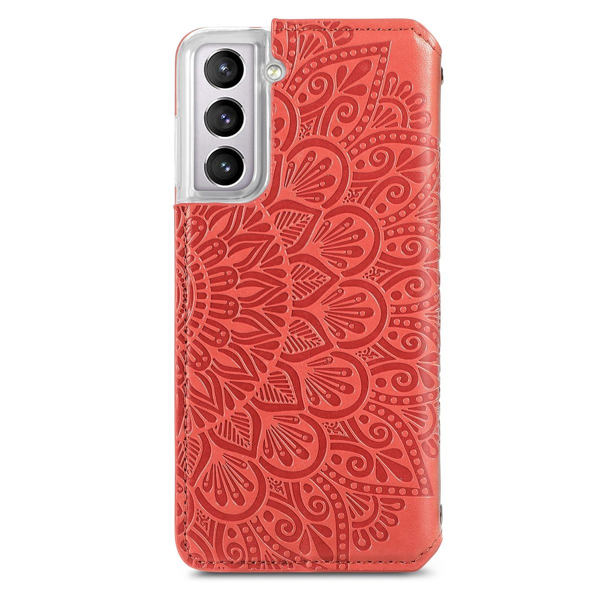 Rote Handyhülle mit Mandala-Design und drei Kameralinsen.
