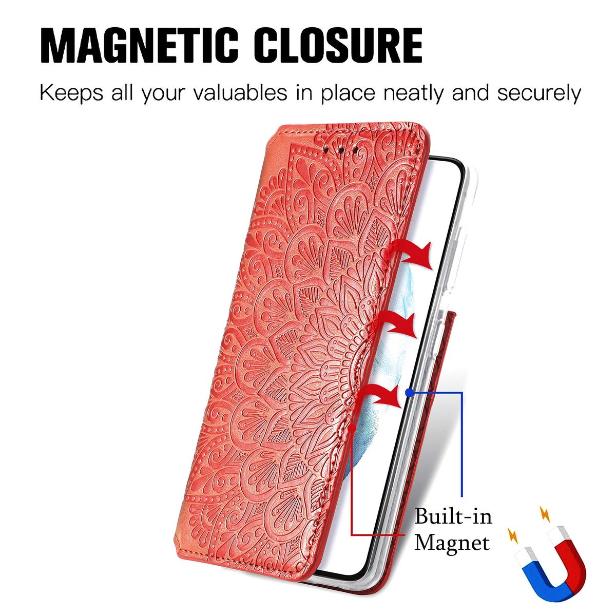 Rote Handyhülle mit floralem Design, offen. Magnete und ein offenes Telefon werden angezeigt. Text: Magnetverschluss.